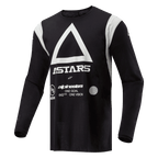 Alpinestars Techdura Jersey, Motocross and Enduro Jersey, Black, featuring large white triangle and ASTARS logo, white shoulder panels, long sleeves, durable poly-fabric for off-road riding
