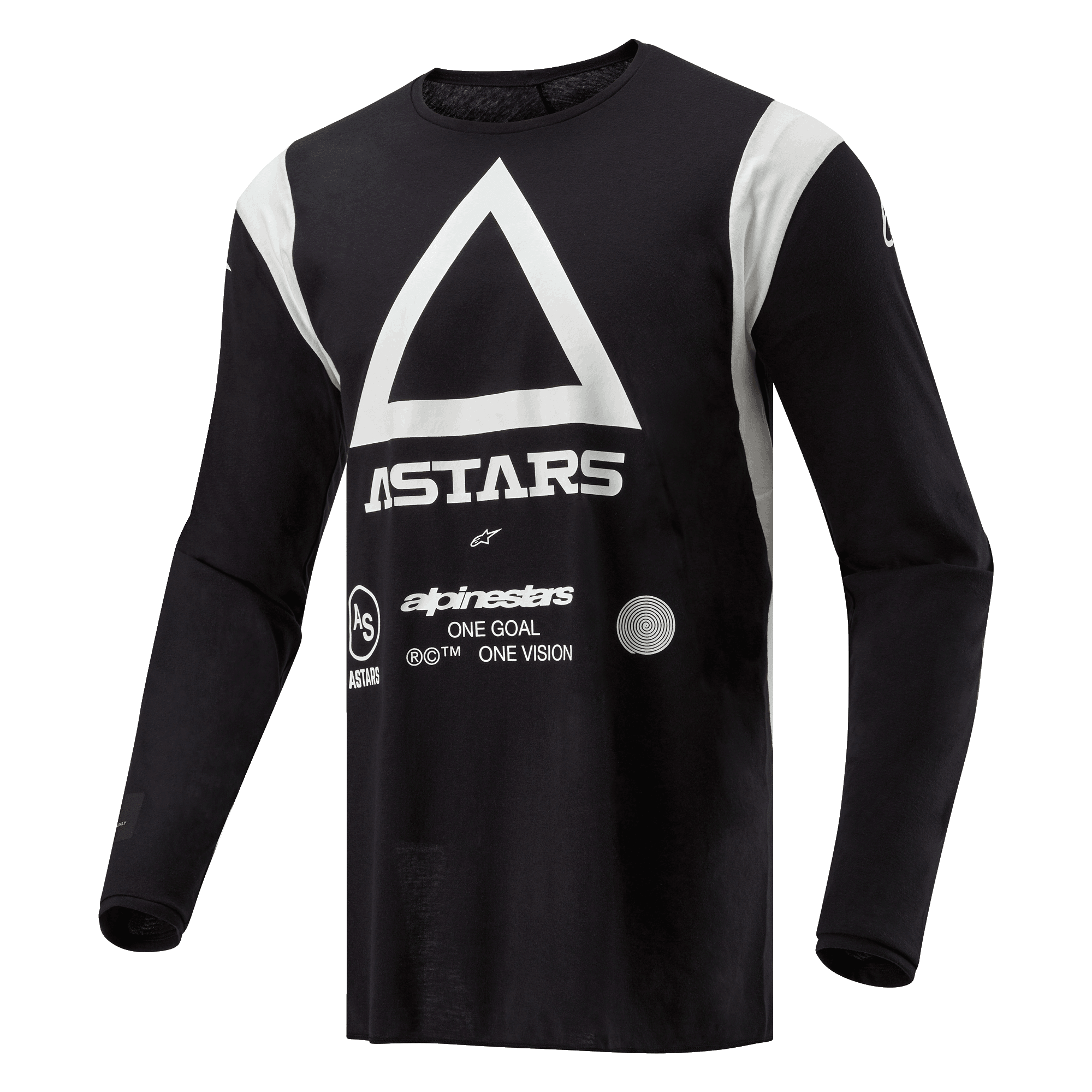 Alpinestars Techdura Jersey, Motocross and Enduro Jersey, Black, featuring large white triangle and ASTARS logo, white shoulder panels, long sleeves, durable poly-fabric for off-road riding