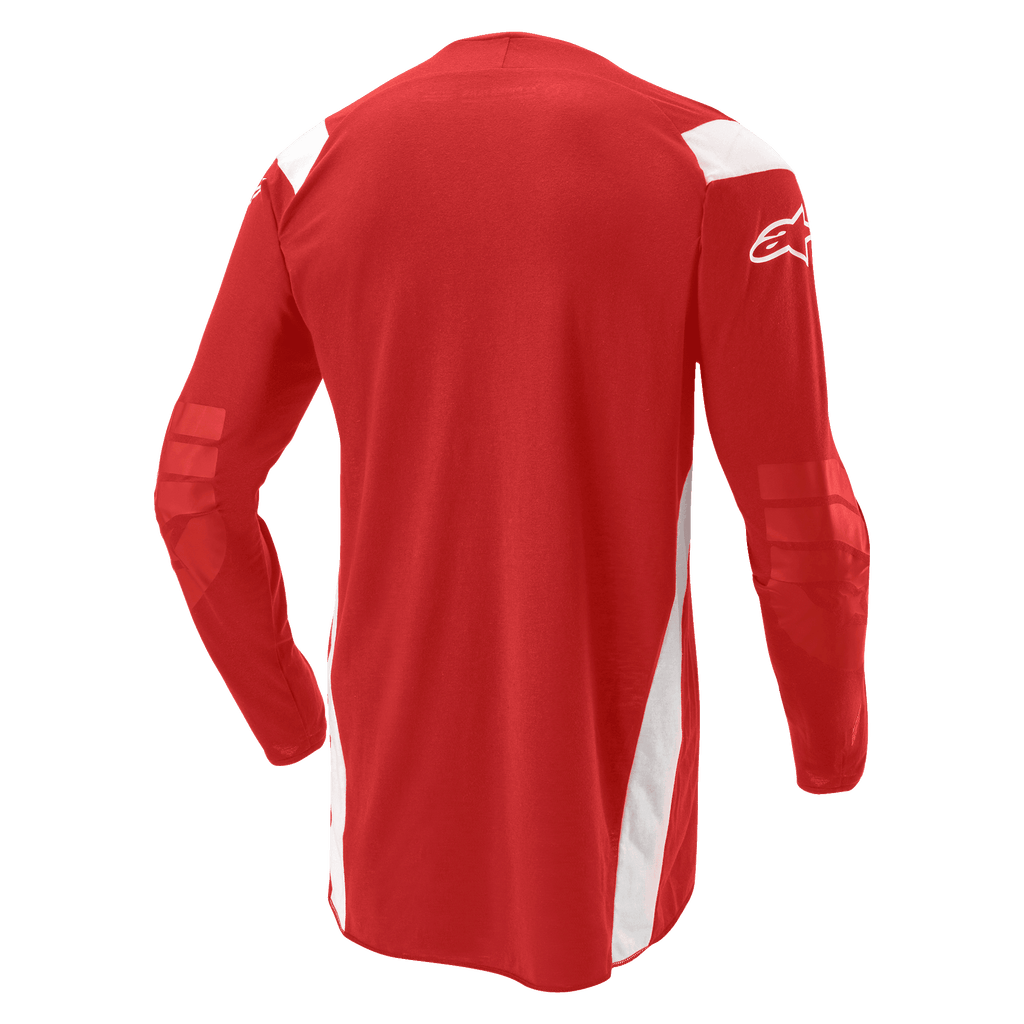 Alpinestars Techdura Jersey, Motocross and Enduro Jersey, Bright Red with white panels, back view showing elongated tail and reinforced elbows, white Alpinestars logo on sleeve, durable off-road performance gear