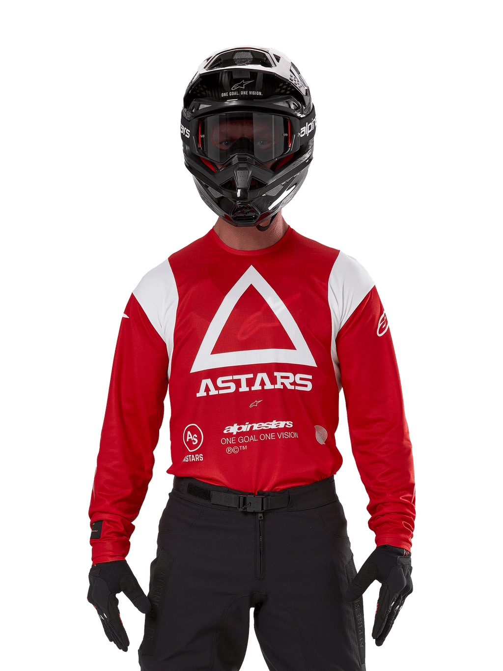 Motocross rider wearing Alpinestars Techdura Jersey, Bright Red with white graphics, featuring a large white triangle and ASTARS logo on the chest, paired with a black helmet, black goggles, and black riding gear, coordinated outfit for enduro and off-road racing