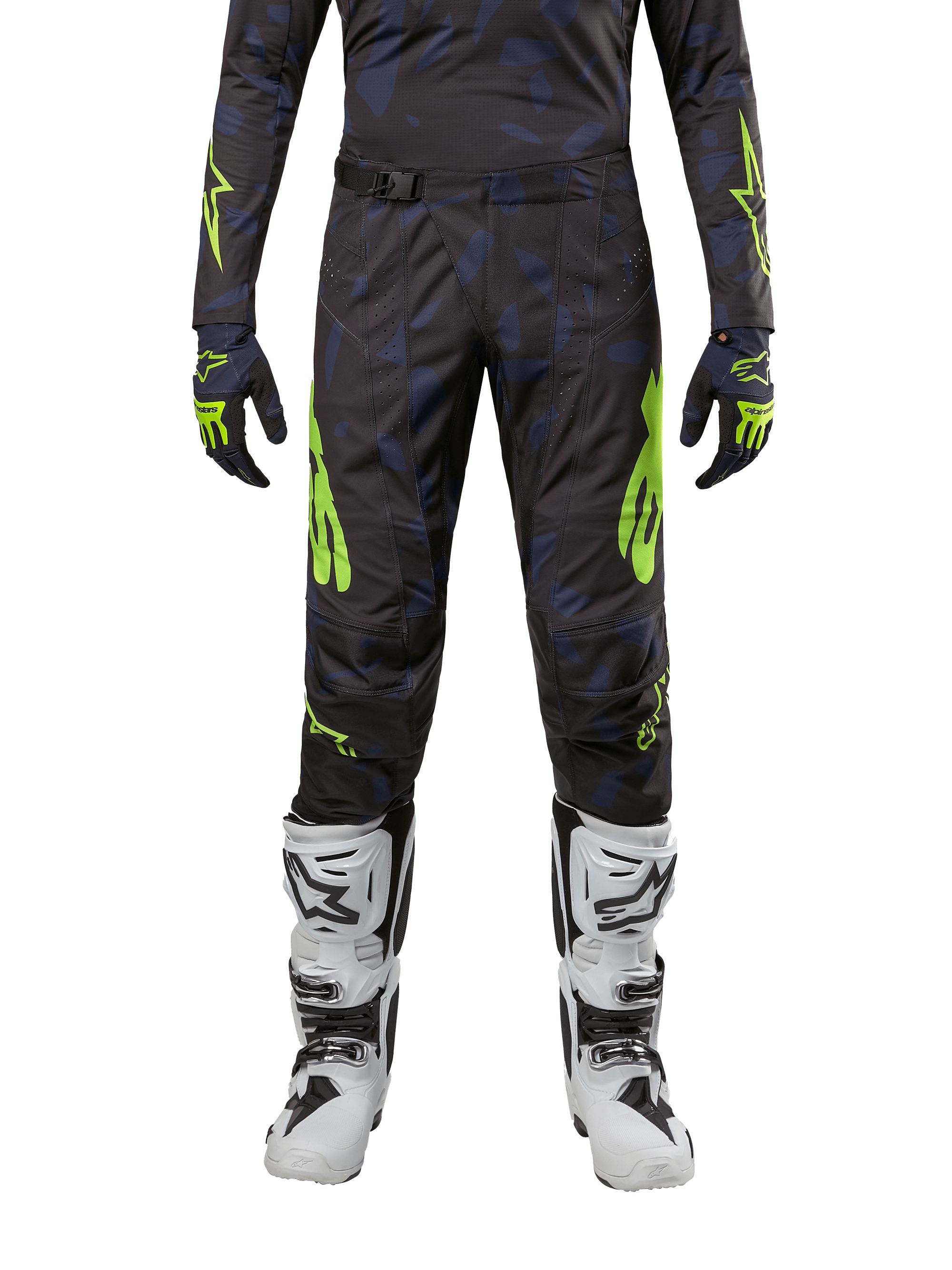 Alpinestars 2024 Techstar Rantera Pants, Motocross Pants, Black Navy and Yellow Fluo, worn with matching long-sleeve jersey, gloves and white motocross boots, featuring bold neon yellow accents and abstract dark pattern.