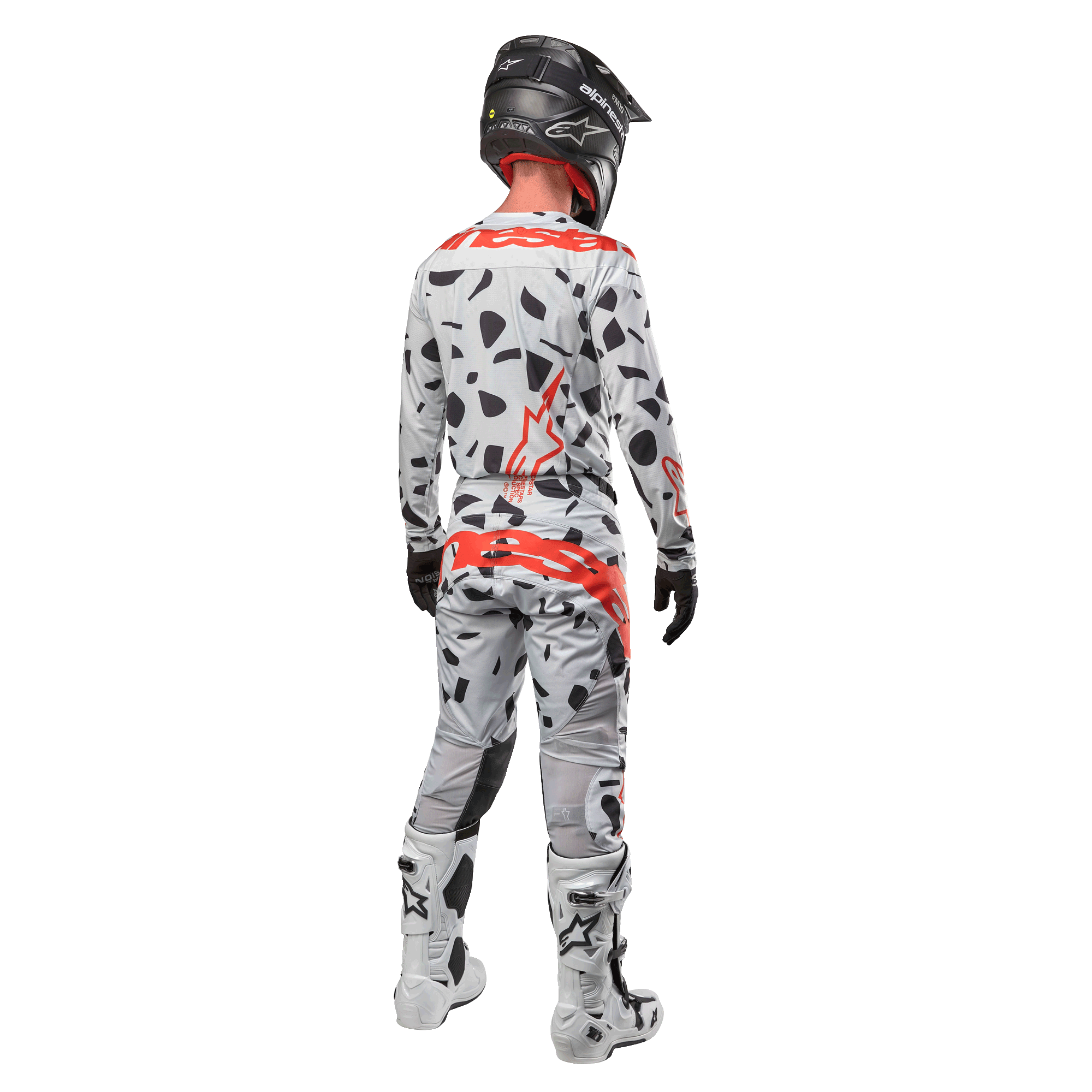 Motocross rider from behind wearing Alpinestars 2024 Techstar Rantera Jersey and matching pants, Haze Gray Camo pattern with bold red Alpinestars logos, black helmet, white and black boots, black gloves, coordinated motocross gear set.