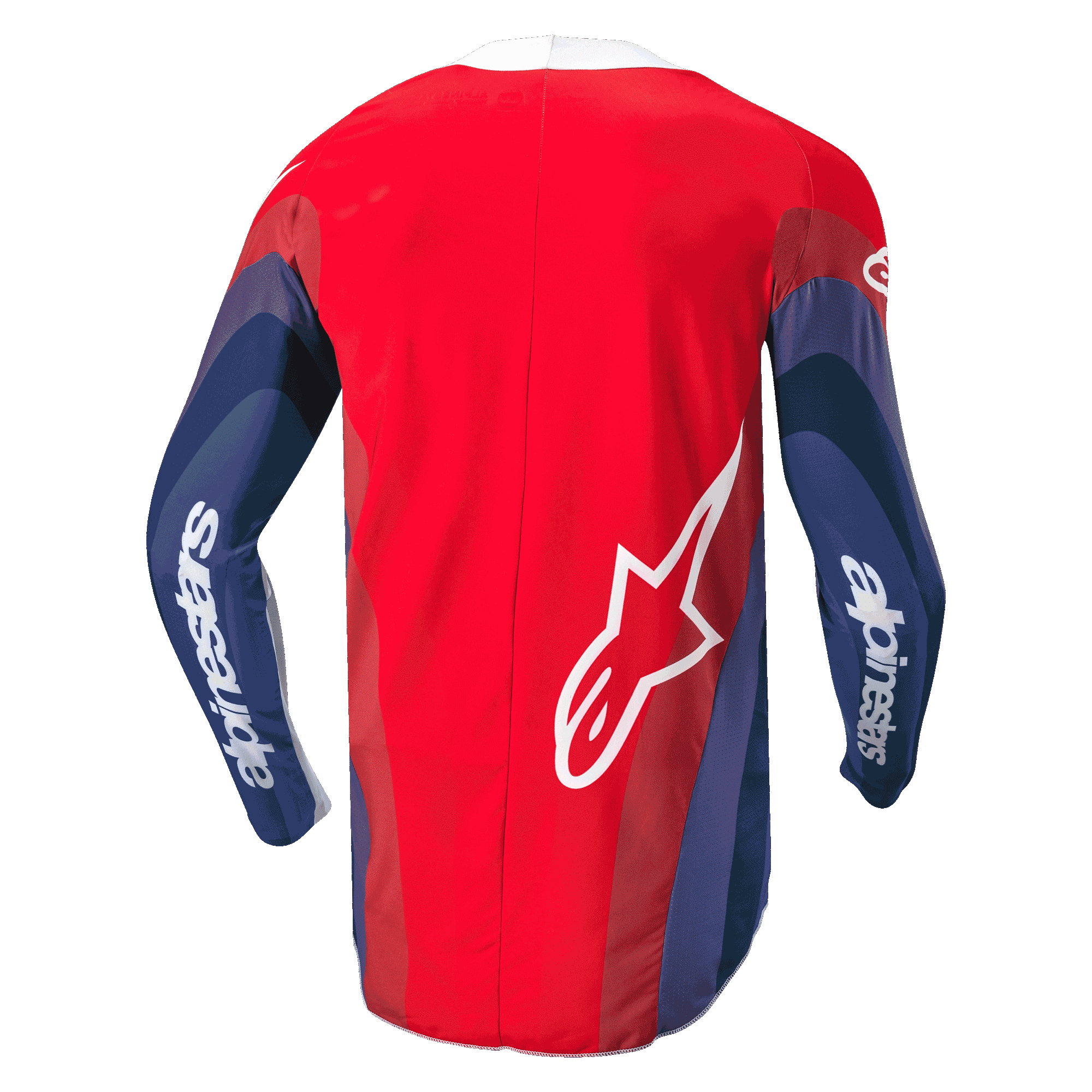 Alpinestars 2024 Techstar Pneuma Jersey, Motocross Jersey, Red, Blue and White, back view showing wavy graphics on sleeves, white Alpinestars wordmark on arms and Astar logo on the lower back, ergonomic design for off-road riding