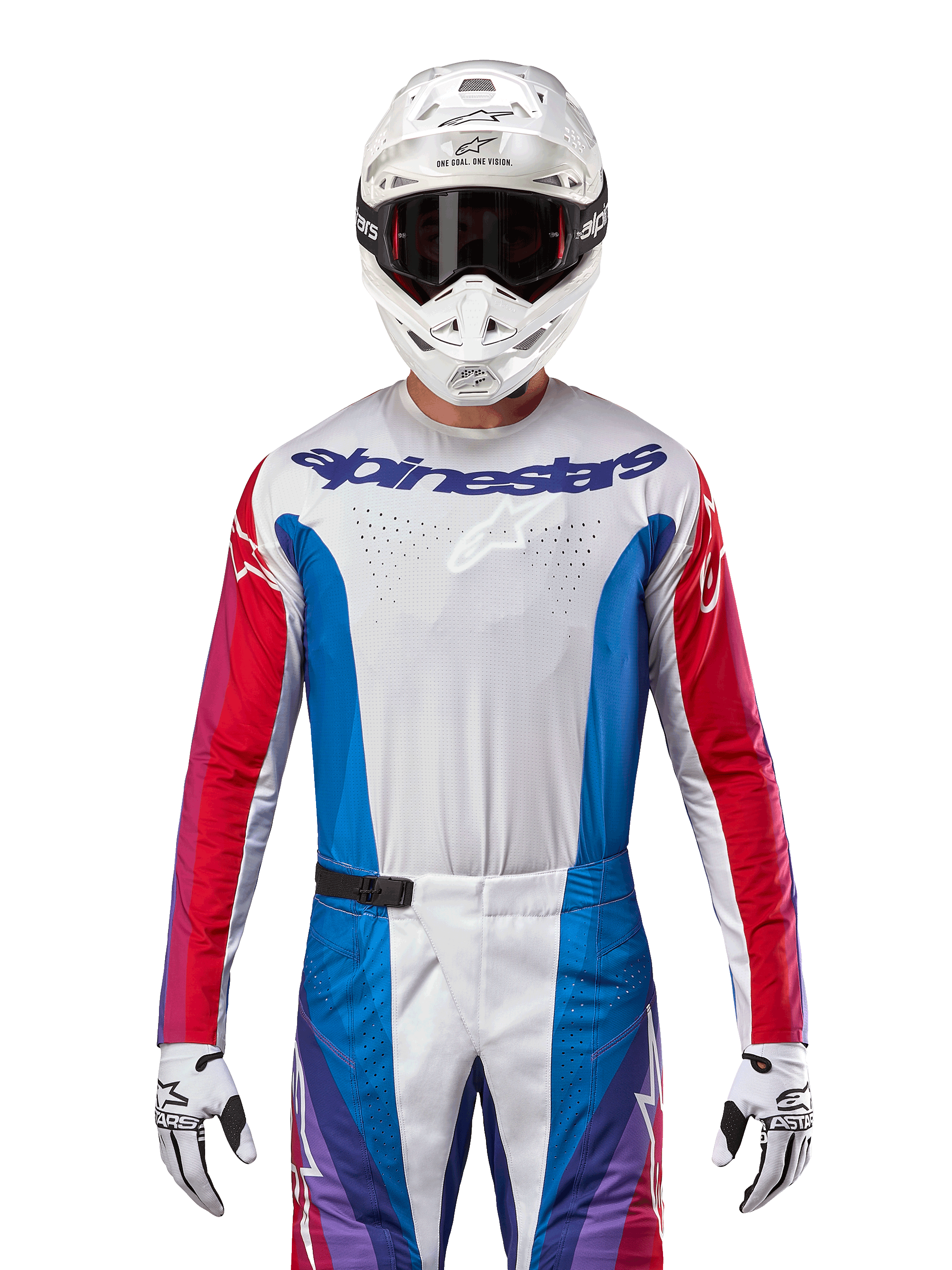 Alpinestars 2024 Techstar Pneuma Jersey, Motocross Jersey, Blue Mars Red and White, front view worn by a rider with white helmet and gloves, featuring laser-cut perforations on the chest and bold branding, athletic racing apparel for off-road