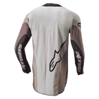 Alpinestars 2024 Techstar Pneuma Jersey, Motocross Jersey, back view in Dark Sand Iron Dust Gray, featuring a large Alpinestars logo and sleeve branding, athletic fit with color-blocked panels and an extended rear for coverage.