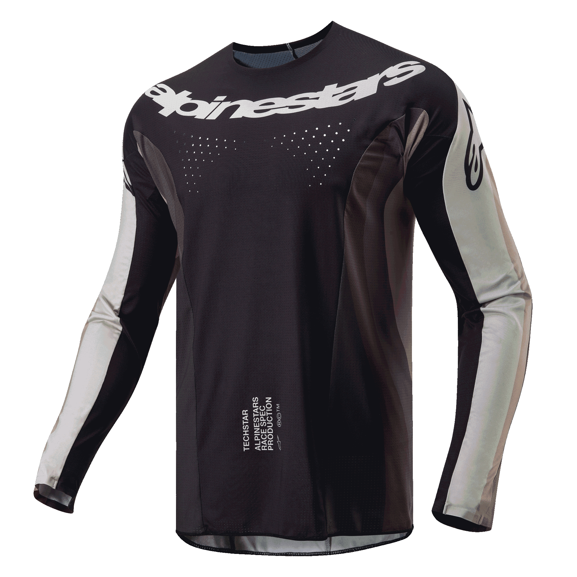 Alpinestars 2024 Techstar Pneuma Jersey, Motocross Jersey, Dark Sand and Iron Dust Gray, black main body with light gray sleeve panels, white Alpinestars logo across chest, laser-cut ventilation perforations, performance off-road riding gear