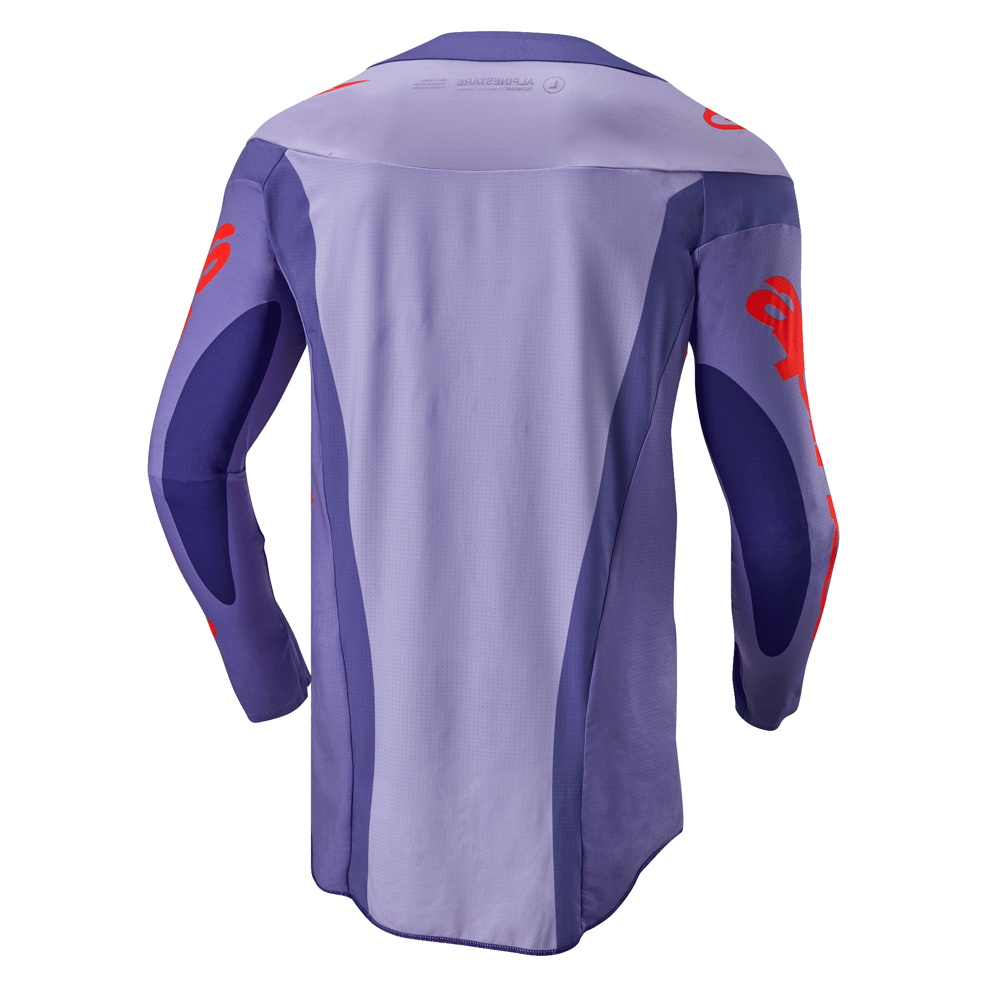 Alpinestars 2024 Techstar Ocuri Jersey, Motocross Jersey, Purple and Hot Orange, back view featuring multi-panel purple design with orange logo graphics on sleeves and shoulders, extended rear drop tail for off-road racing performance.