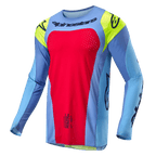 Alpinestars 2024 Techstar Ocuri Jersey, Motocross Jersey, Light Blue with Red Berry and Yellow Fluo accents, featuring black logos and laser-cut perforations for ventilation, athletic race fit for off-road performance