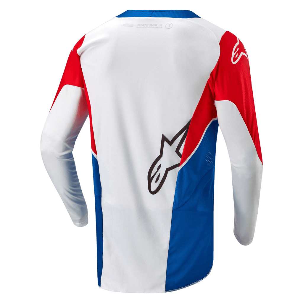 Alpinestars Honda Racer Iconic Jersey, Motocross Off-Road Jersey, White, Bright Blue, and Bright Red, rear view showing extended hem and lightweight moisture-wicking construction