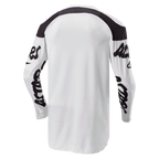 Alpinestars 2024 Racer Hana Jersey, Motocross Jersey, White and Black, back view featuring dropped tail for coverage, black panels on shoulders and black script logos on sleeves, durable moisture-wicking fabric for off-road performance