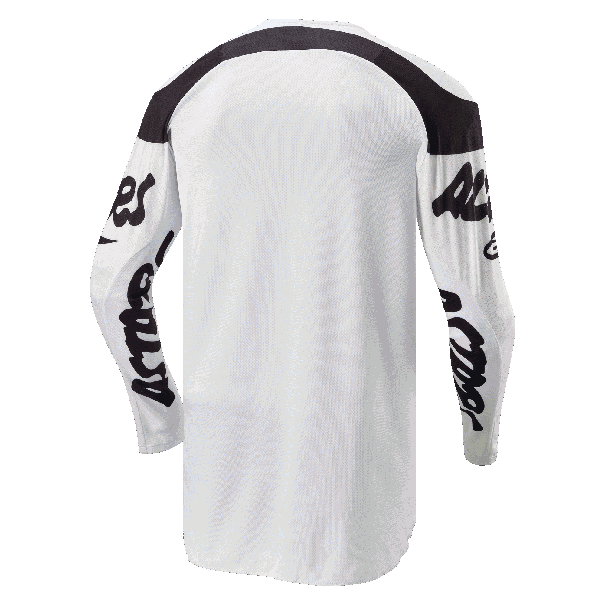 Alpinestars 2024 Racer Hana Jersey, Motocross Jersey, White and Black, back view featuring dropped tail for coverage, black panels on shoulders and black script logos on sleeves, durable moisture-wicking fabric for off-road performance