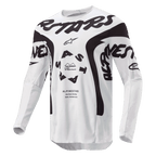 Alpinestars 2024 Racer Hana Jersey, Motocross Jersey, White and Black, featuring bold black Alpinestars branding across the chest, circular ASTARS logo, and technical mesh panels for off-road performance.