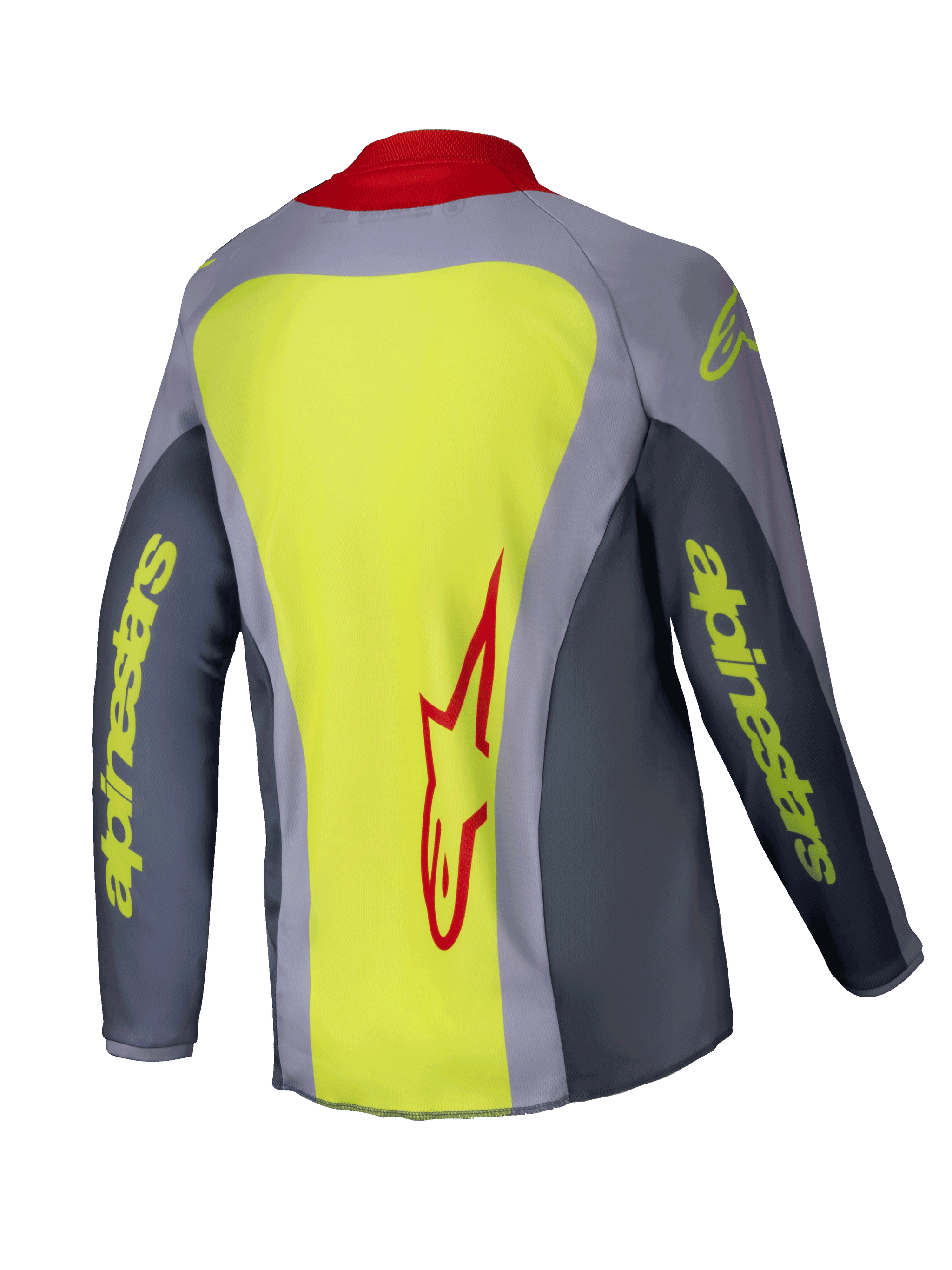 Alpinestars 2025 Youth Racer Melt Jersey, Motocross Jersey, Bright Red and Gray with Neon Yellow accents, back view showing a large neon yellow panel with a red Alpinestars logo, gray sleeves with yellow text branding, and a red collar, lightweight technical apparel for off-road racing