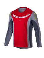 Alpinestars 2025 Youth Racer Melt Jersey, Motocross Jersey, Bright Red and Gray, featuring a large white logo on the chest and neon yellow accents on the shoulders, long-sleeve technical fabric for off-road riding