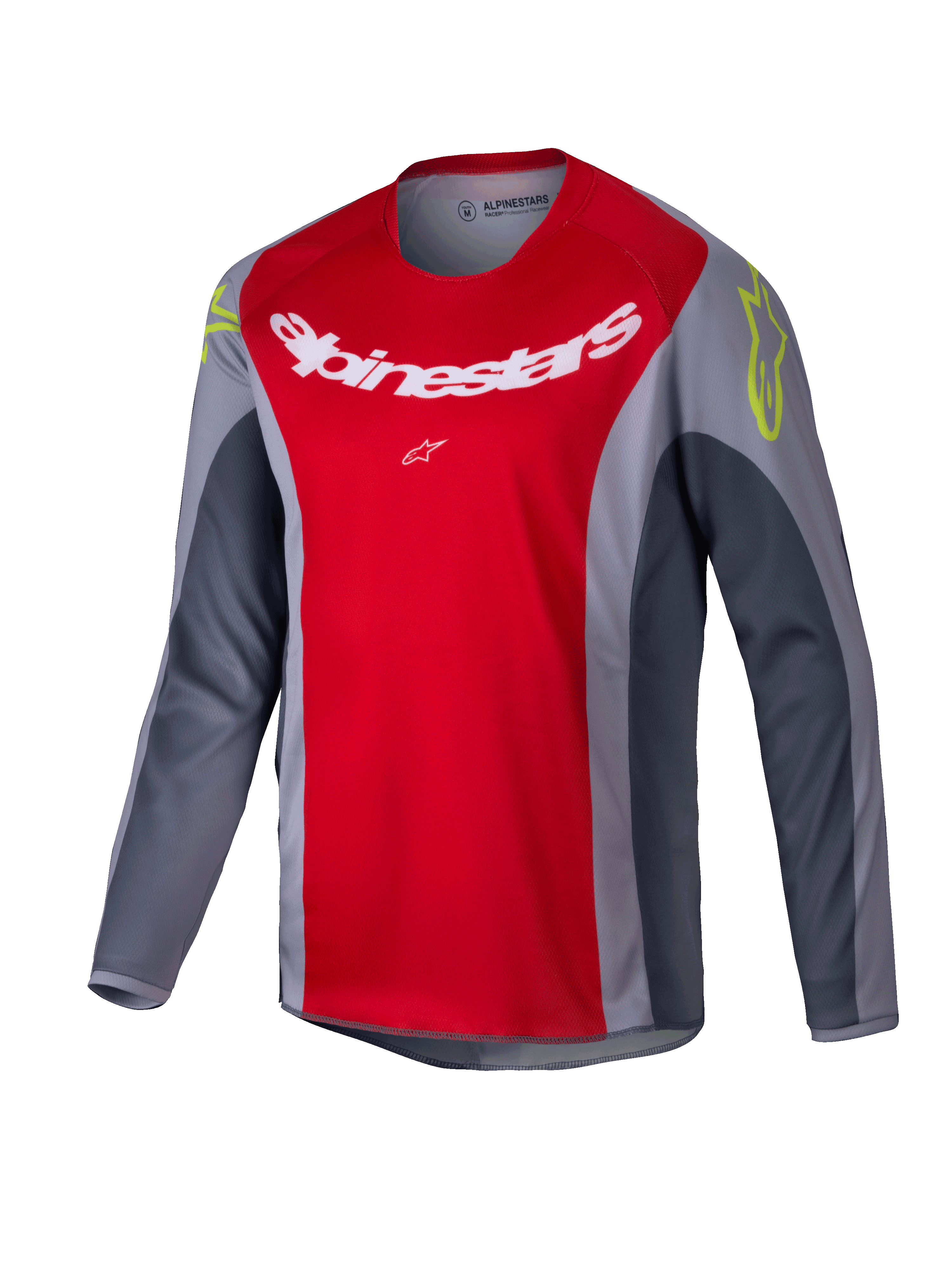 Alpinestars 2025 Youth Racer Melt Jersey, Motocross Jersey, Bright Red and Gray, featuring a large white logo on the chest and neon yellow accents on the shoulders, long-sleeve technical fabric for off-road riding