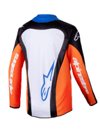 Alpinestars 2025 Youth Racer Melt Jersey, Motocross Jersey, Orange Blue and White, rear view showing white back panel with blue logo, orange sleeves with white branding, ergonomic design for youth off-road riding