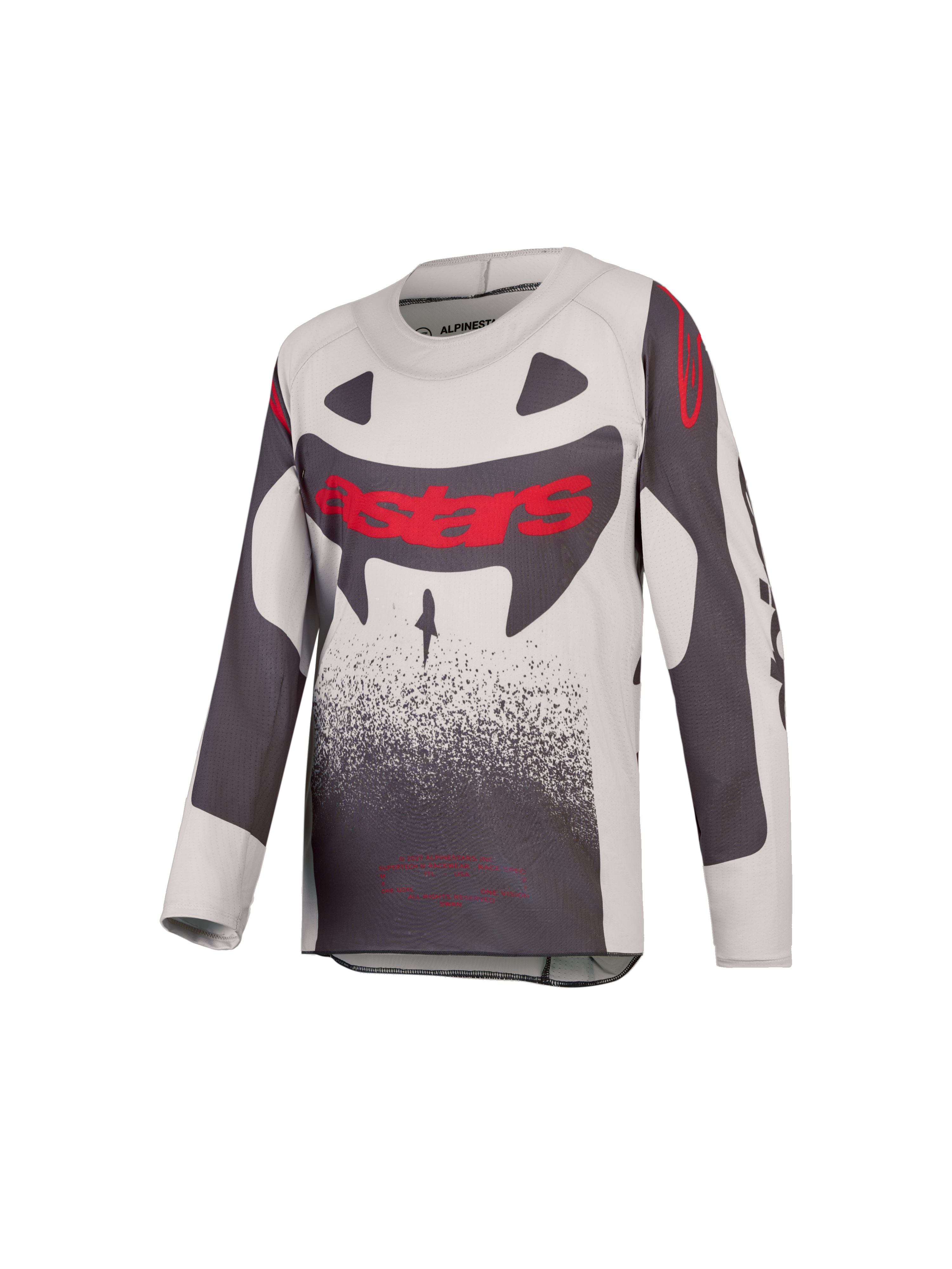 Alpinestars 2027 Youth Supertech Swan Jersey, motocross racing gear, gray and red fluo, lightweight ventilated stretch mesh.