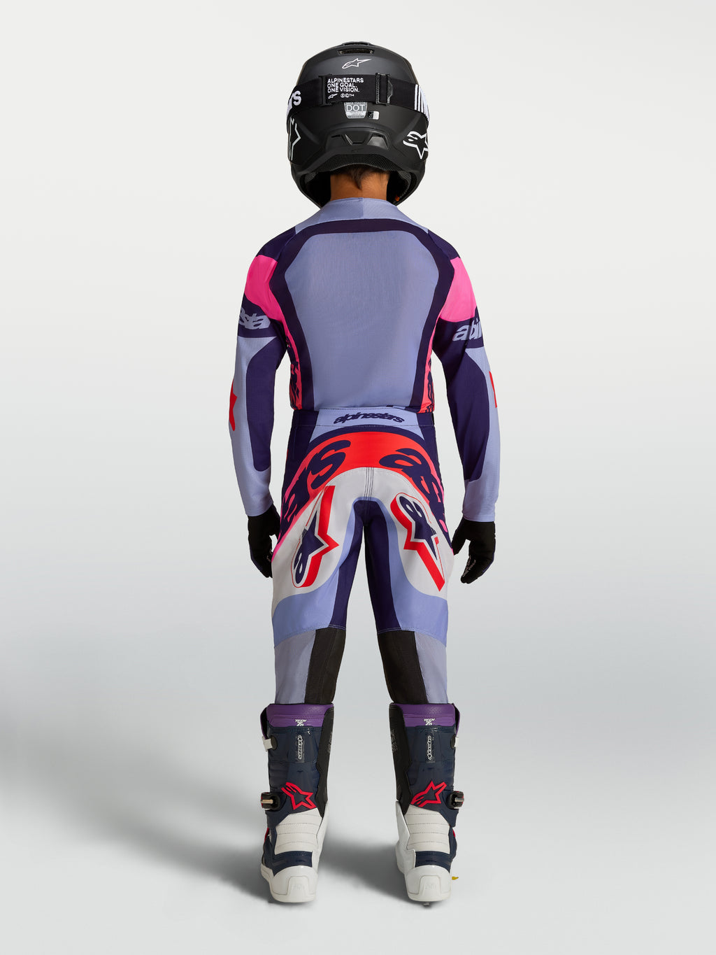 Alpinestars Youth Supertech Dyna Gear Set, purple and pink motocross racing outfit with lightweight stretch mesh jersey.