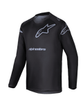 Alpinestars 2025 Youth Racer Graphite Jersey, Black and gray long-sleeve motocross jersey, featuring a gray star logo and brand name, lightweight performance gear for youth off-road riding