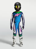 Alpinestars Youth Supertech Maven Gear Set, blue and white motocross outfit with green and pink accents, on-model.