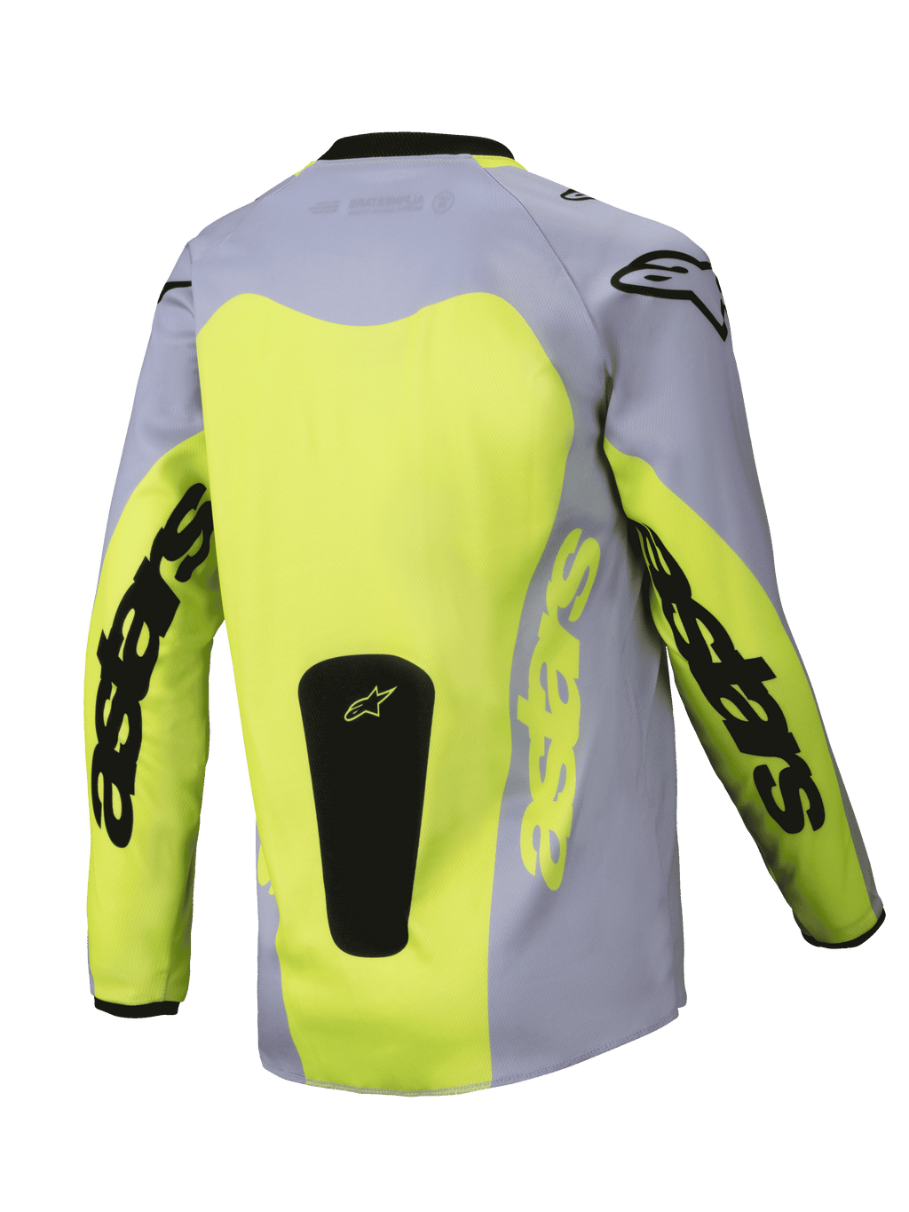 Alpinestars 2025 Youth Racer Veil Jersey, Back view, Gray and Fluorescent Yellow, featuring a large yellow back panel and Astars branding on the sleeves, black logo patch at the base, lightweight motocross gear for off-road riding