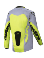 Alpinestars 2025 Youth Racer Veil Jersey, Back view, Gray and Fluorescent Yellow, featuring a large yellow back panel and Astars branding on the sleeves, black logo patch at the base, lightweight motocross gear for off-road riding