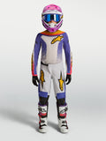 Alpinestars 2027 Youth Fluid Drag Jersey and Gear Set, youth motocross outfit in lilac and white with gold accents.