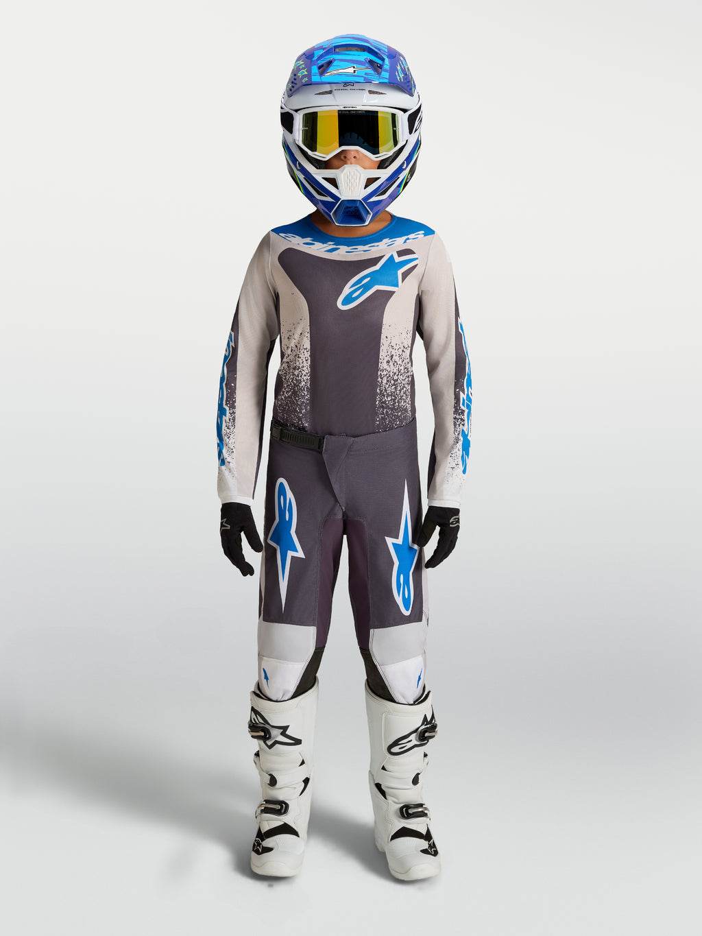 Alpinestars 2027 Youth Fluid Drag Gear Set, graystone and UCLA blue kids' motocross outfit for off-road racing performance.
