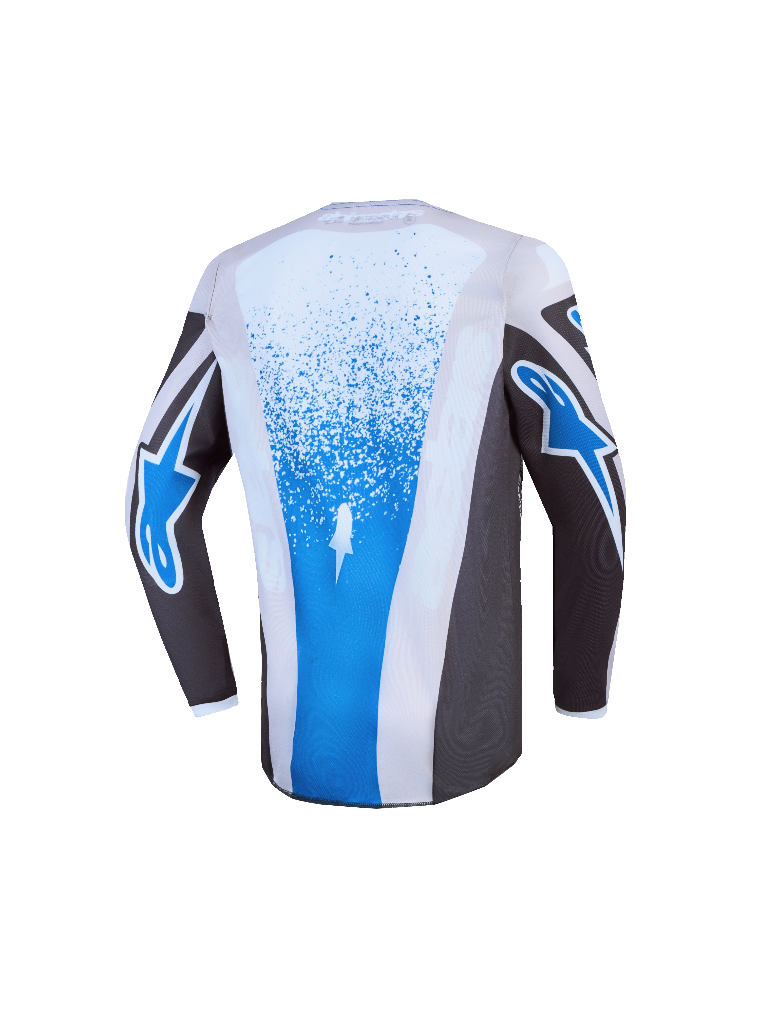 Alpinestars 2027 Youth Fluid Drag Jersey, kids' motocross top in gray and blue, featuring an extended rear for racing comfort.