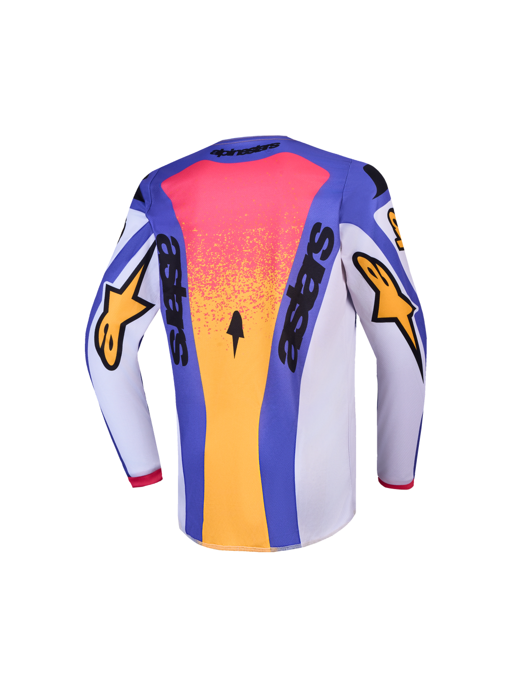 Alpinestars 2027 Youth Fluid Drag Jersey and Gear Set, youth motocross jersey in blue, pink, and gold, back view.