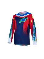 Alpinestars 2027 Youth Fluid Drag Jersey, a blue and red motocross jersey with moisture-wicking textile for youth.