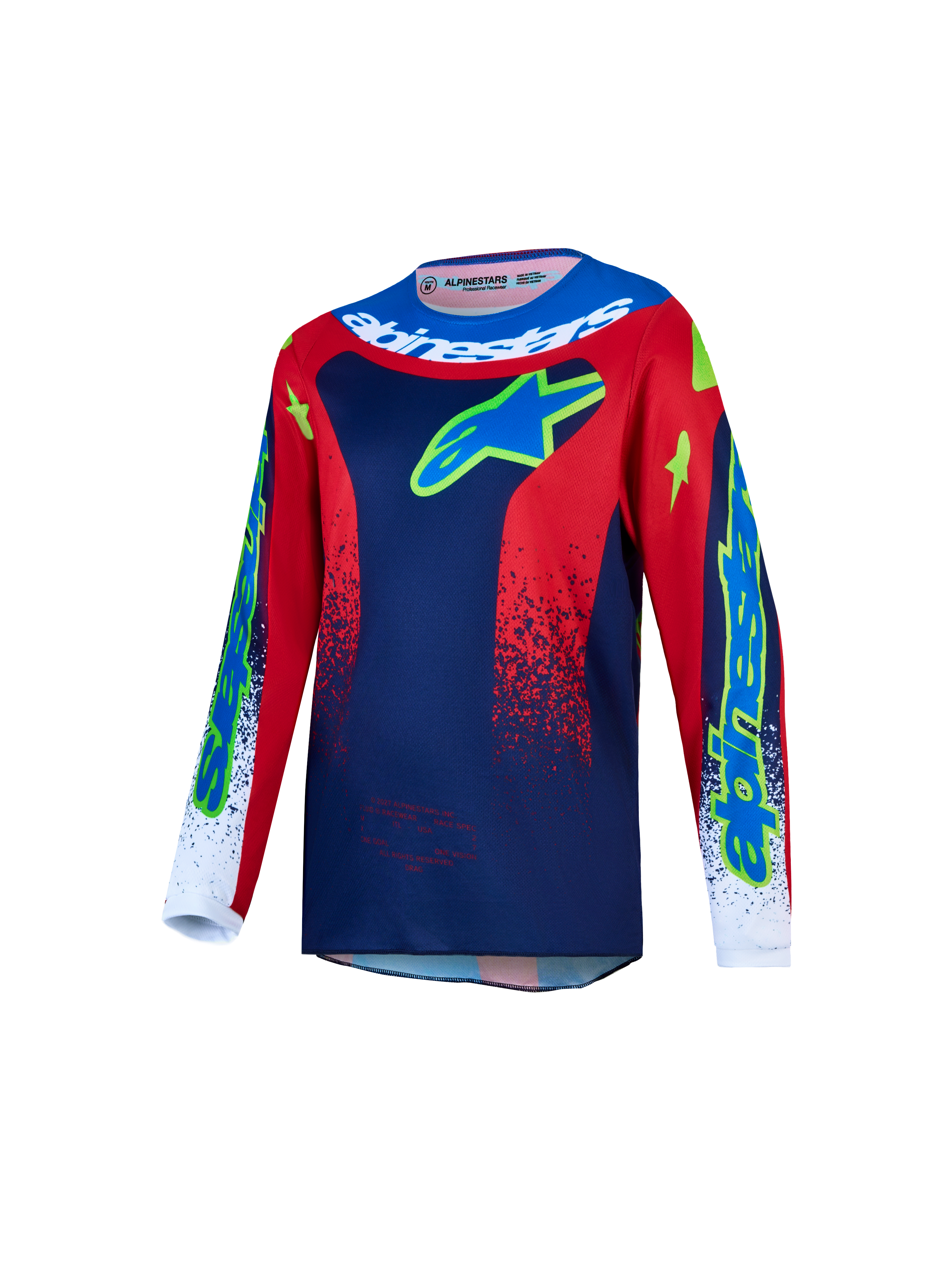 Alpinestars 2027 Youth Fluid Drag Jersey, a blue and red motocross jersey with moisture-wicking textile for youth.