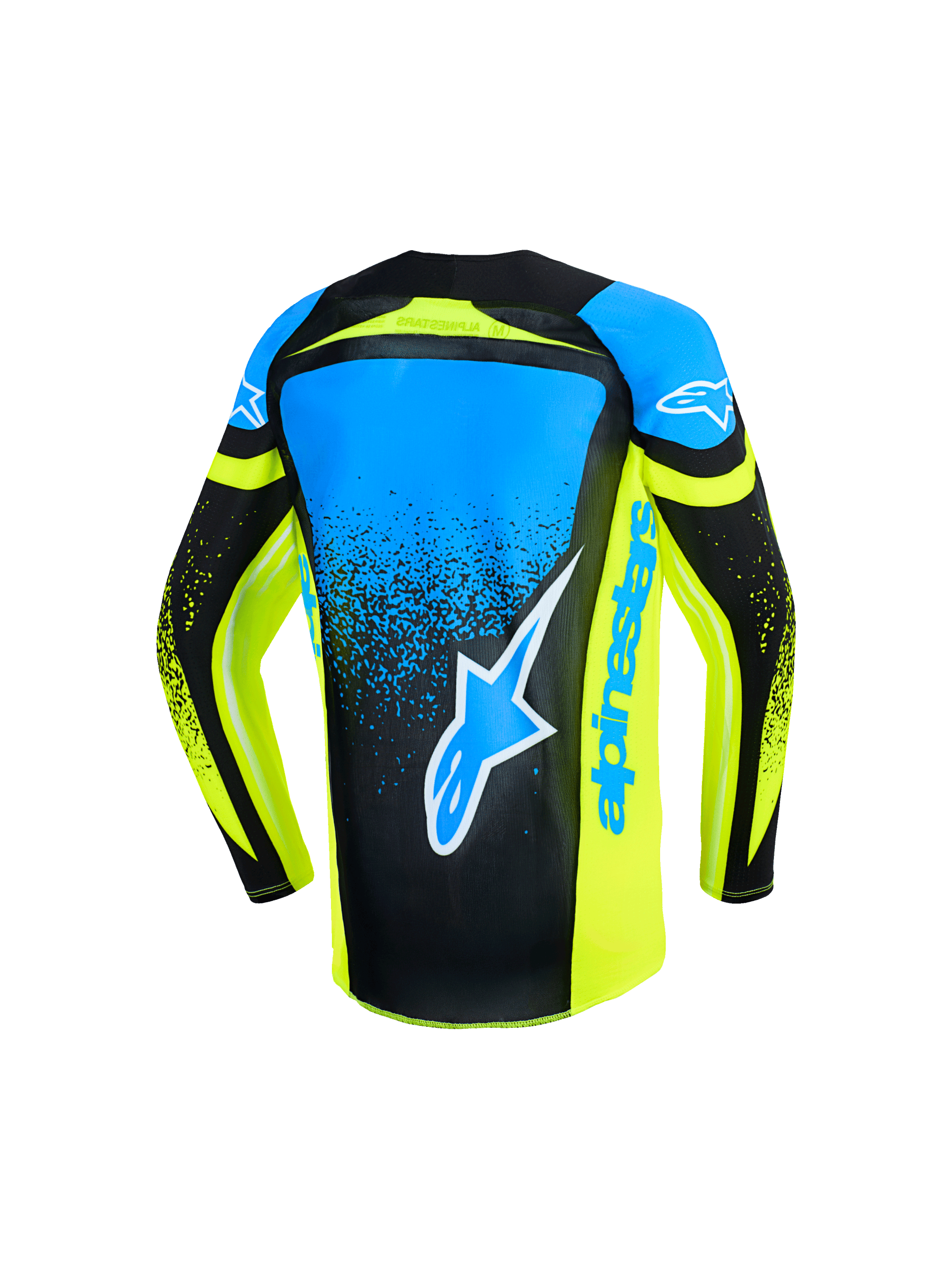 Alpinestars 2026 Youth Supertech Nomur Jersey, Motocross Jersey, Yellow Fluo and UCLA Blue with Dark Navy, back view featuring a large blue star logo and vertical Alpinestars branding on the side, technical stretch mesh for youth motocross performance