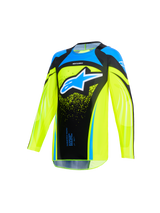 Alpinestars 2026 Youth Supertech Nomur Jersey, Motocross Jersey, Yellow Fluo and Dark Navy with light blue accents, featuring a bold light blue Alpinestars logo on the chest, technical stretch mesh construction with an extended rear for off-road racing