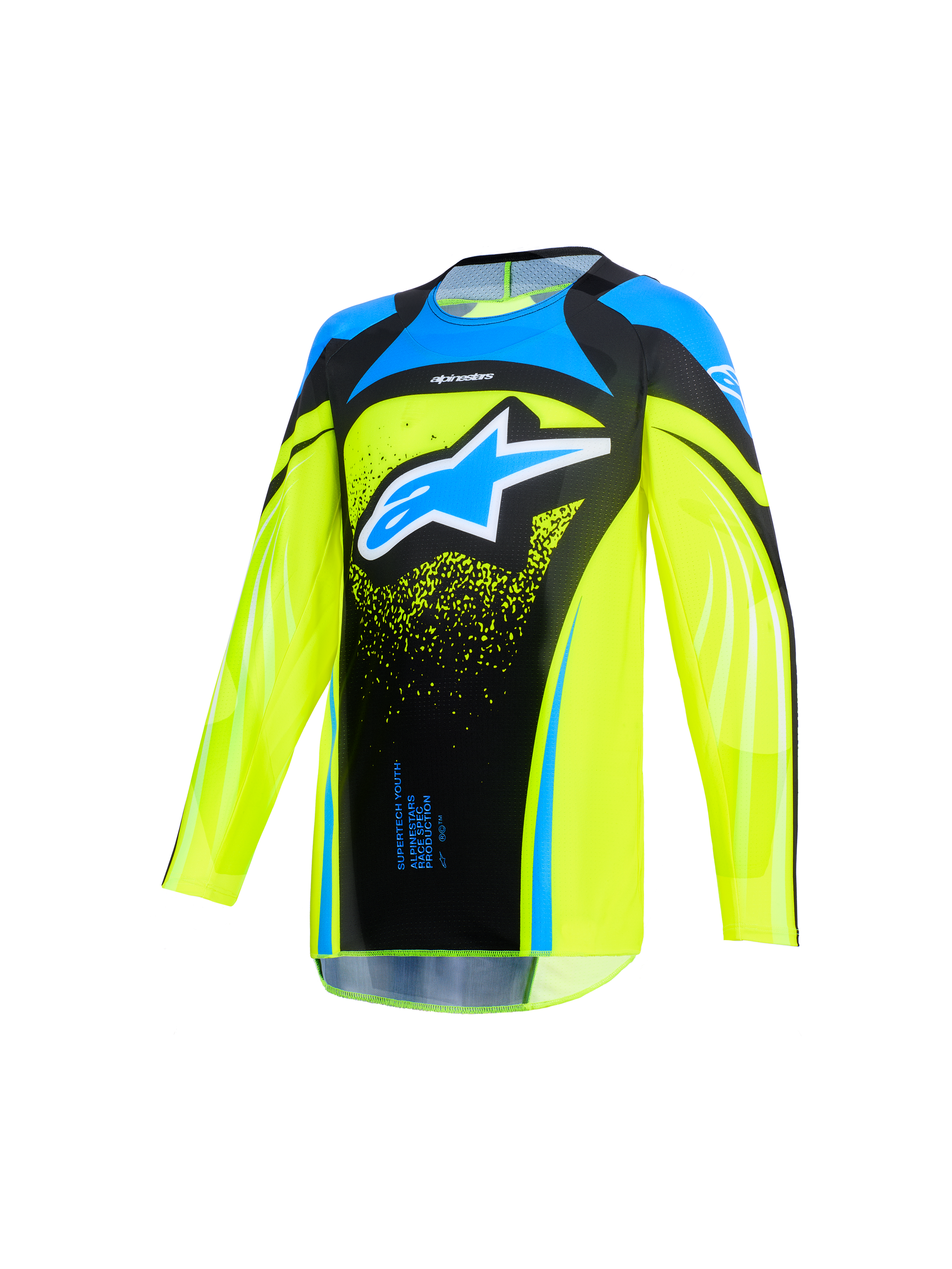 Alpinestars 2026 Youth Supertech Nomur Jersey, Motocross Jersey, Yellow Fluo and Dark Navy with light blue accents, featuring a bold light blue Alpinestars logo on the chest, technical stretch mesh construction with an extended rear for off-road racing