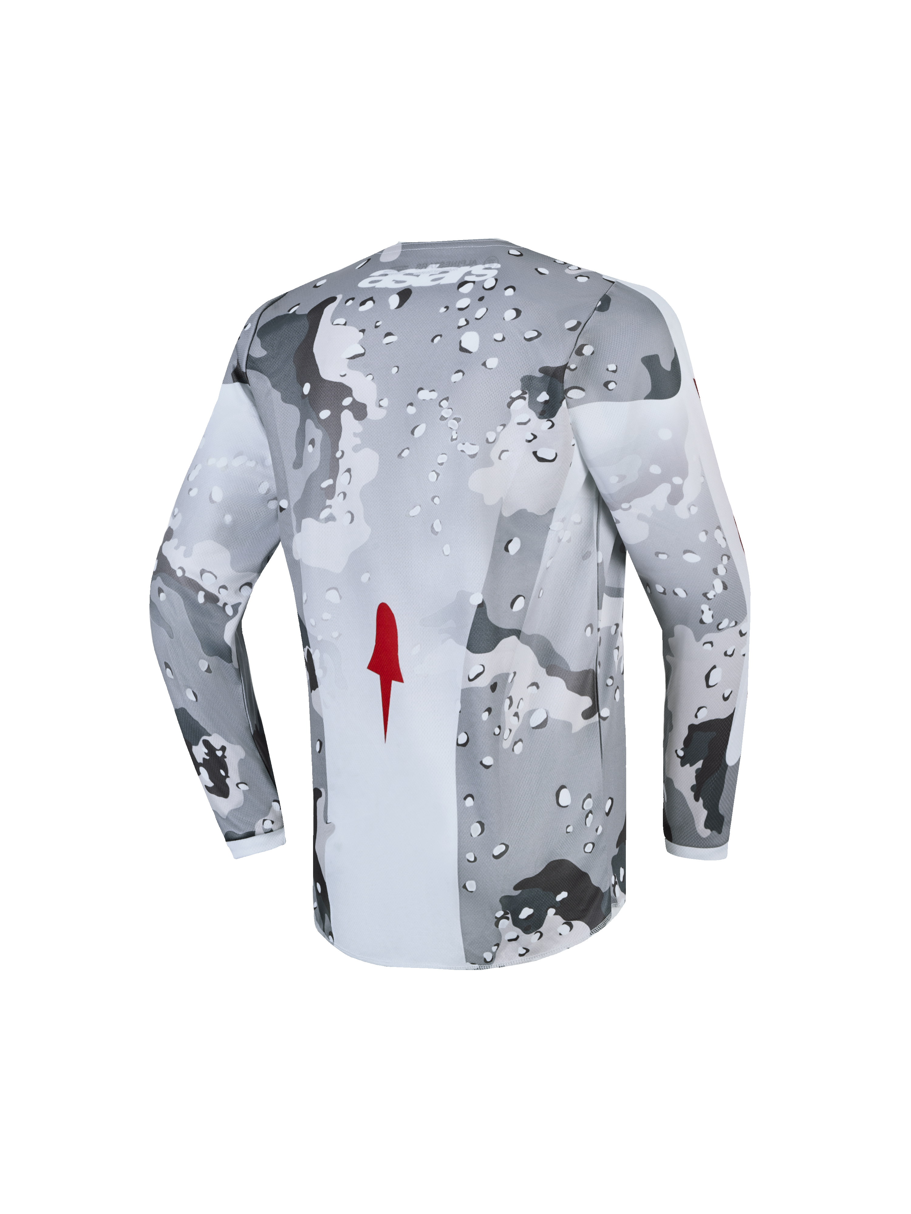 Alpinestars 2027 Youth Fluid Lone Jersey, motocross top, gray camo and white, breathable fabric, red accent, back view.
