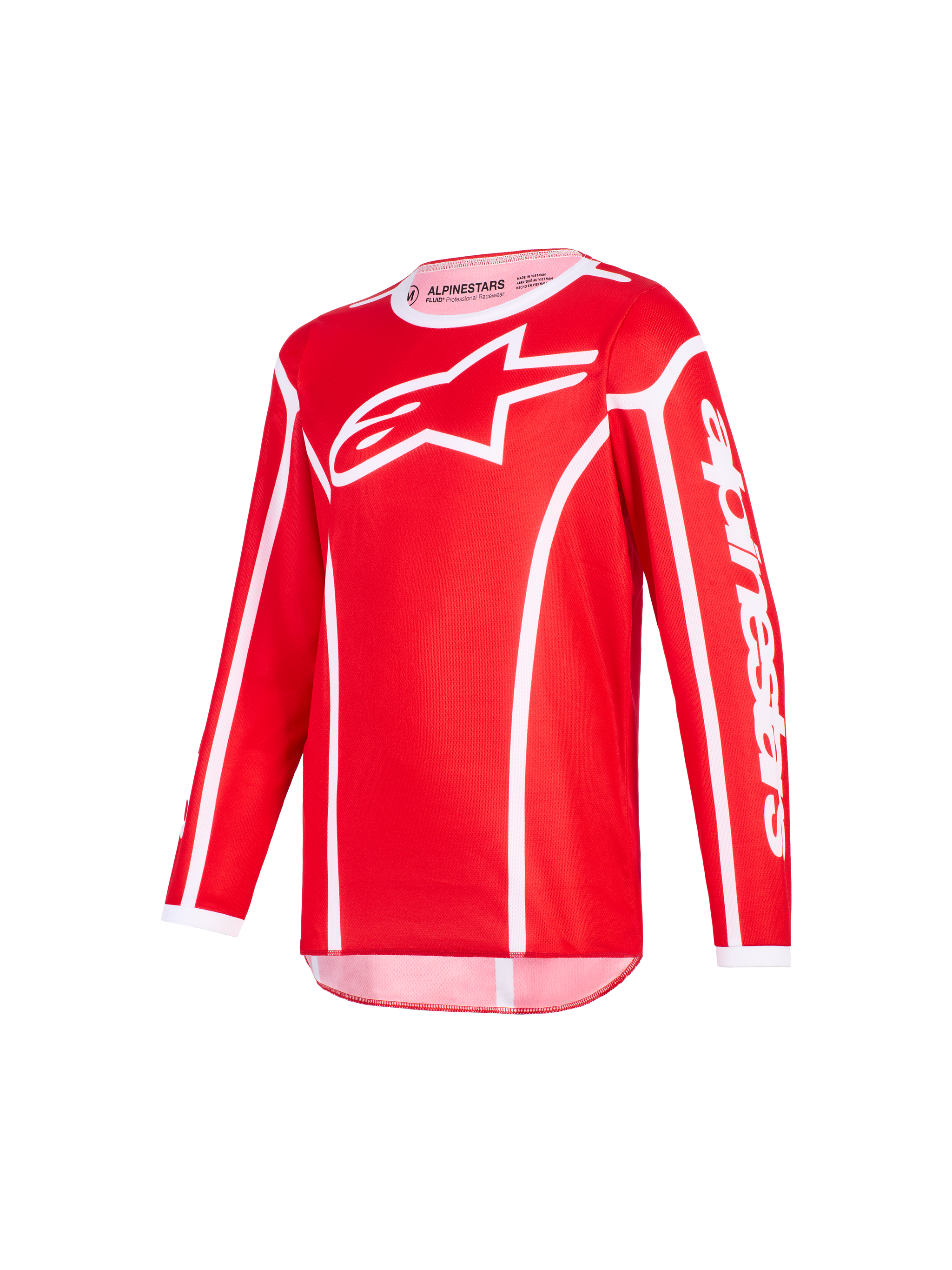 Alpinestars 2026 Youth Fluid Apex Jersey, Red and White, long-sleeve motocross jersey featuring white Alpinestars logo on chest and lettering on sleeve, athletic fit, moisture-wicking polyfabric for off-road racing