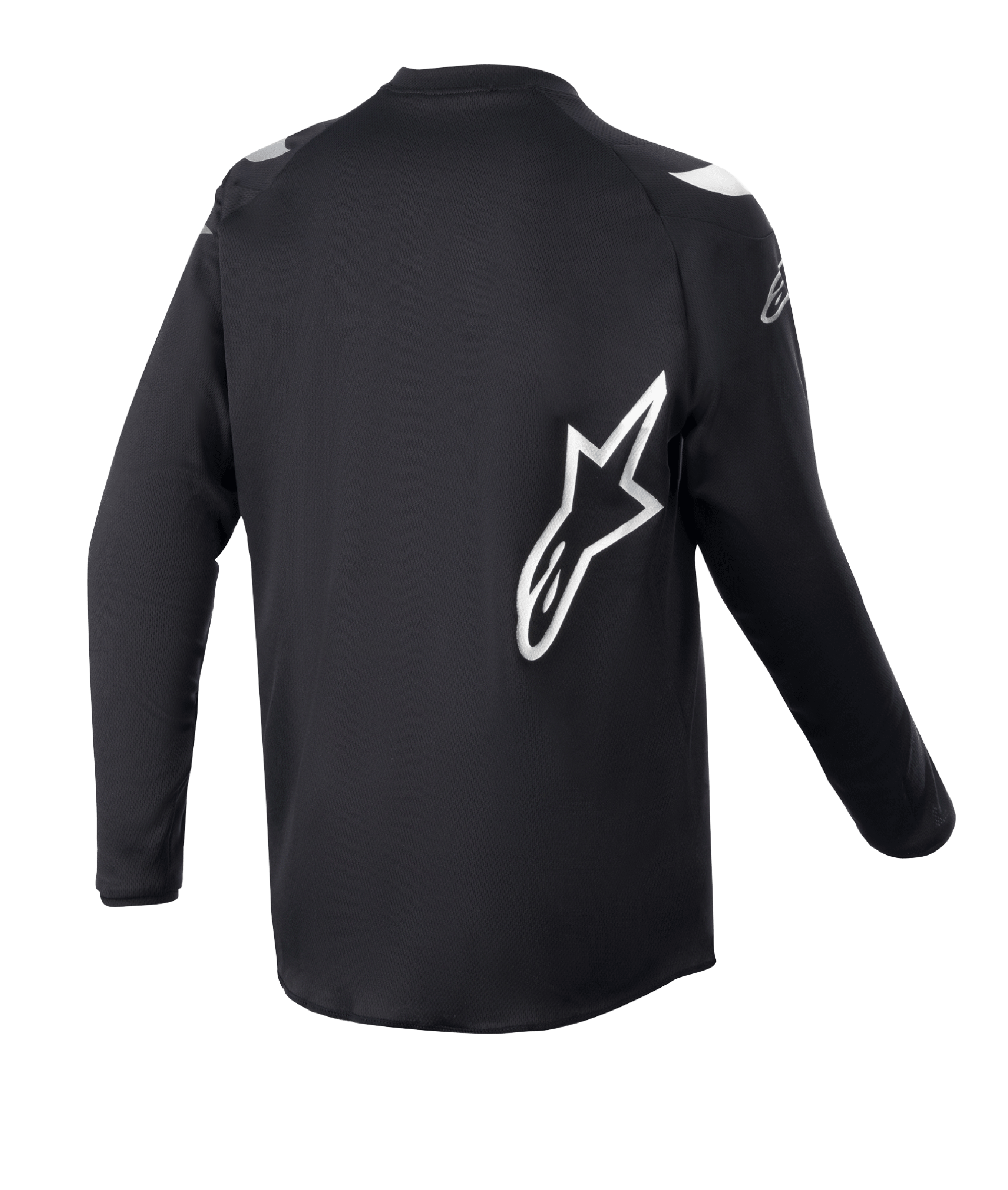 Alpinestars Youth 2023 Racer Graphite Jersey, Motocross Jersey, Black Reflective Black, Rear view featuring large white Alpinestars star logo, technical moisture-wicking fabric, long sleeves, durable off-road apparel