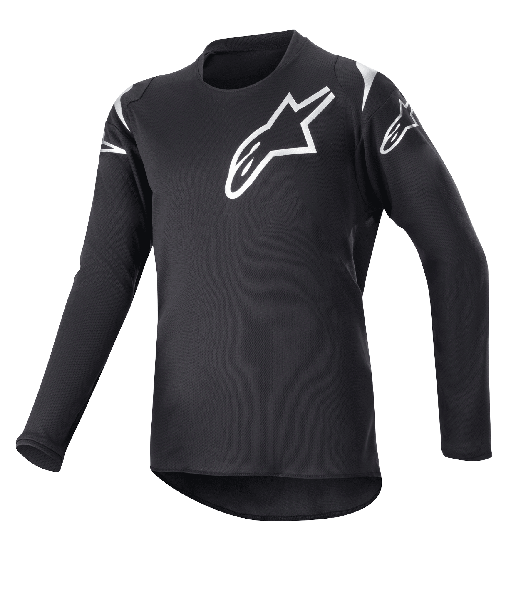 Alpinestars Youth 2023 Racer Graphite Jersey, Motocross Jersey, Black and Reflective Black, white star logos on chest and shoulders, long sleeves, lightweight moisture-wicking fabric with a drop tail hem, sporty design for off-road riding