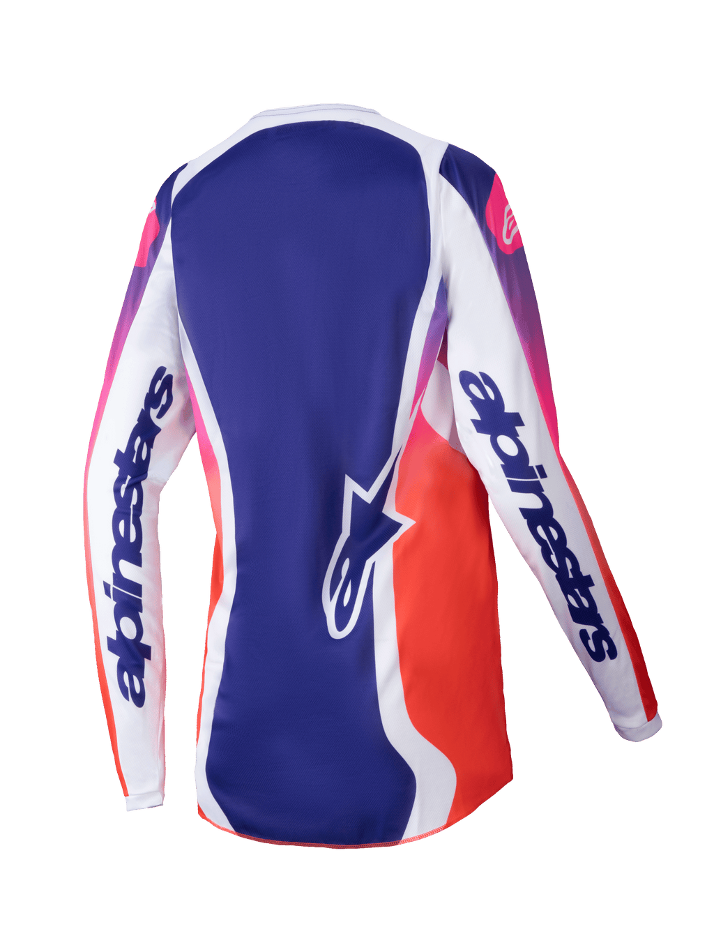 Alpinestars 2025 Woman Stella Fluid Wurx Jersey, Women's Motocross Jersey, Multicolor White with blue and pink-to-orange gradients, back view showing white sleeves with bold branding, blue center panel with star logo, and moisture-wicking athletic design