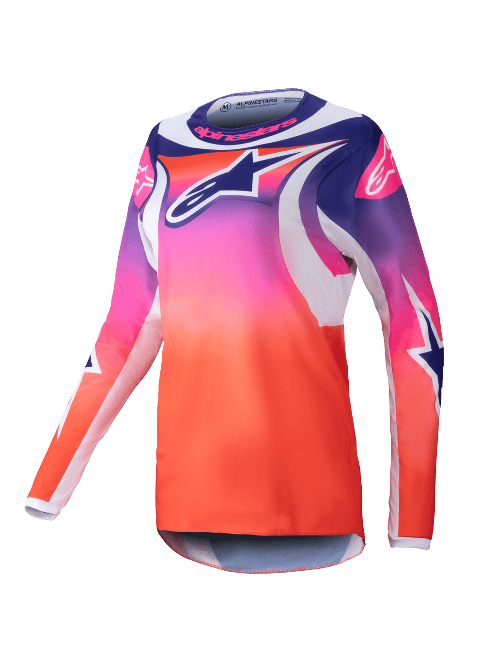 Alpinestars 2025 Stella Fluid Wurx Jersey, Women's Motocross Jersey, purple pink and orange gradient with navy and white star graphics, long-sleeve athletic fit, round neck, performance off-road apparel