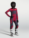 Alpinestars Stella Techstar Swan Jersey AND Gear Set, women's crimson and dark gray motocross outfit with white boots.