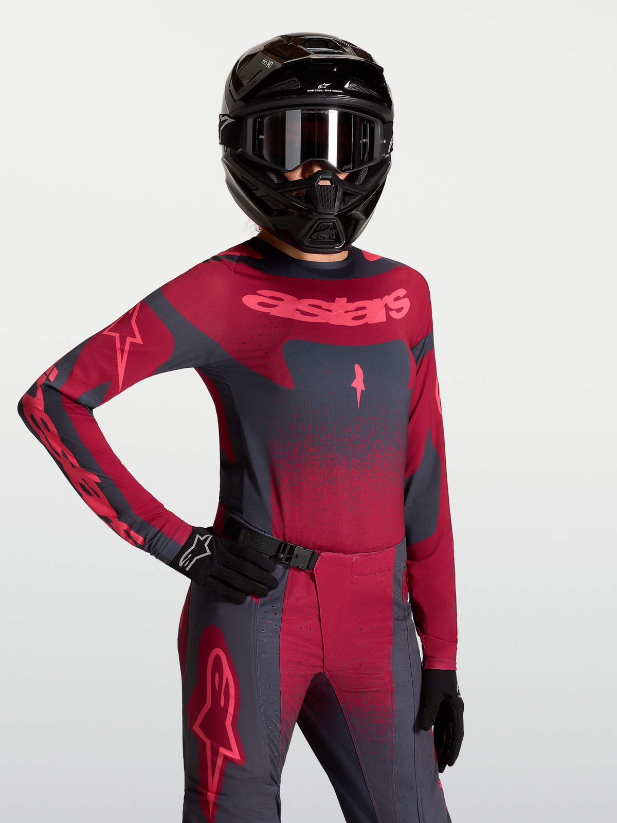 Alpinestars Stella Techstar Swan Jersey, Women's Motocross Jersey, Crimson and Dark Gray, with laser-cut ventilation.