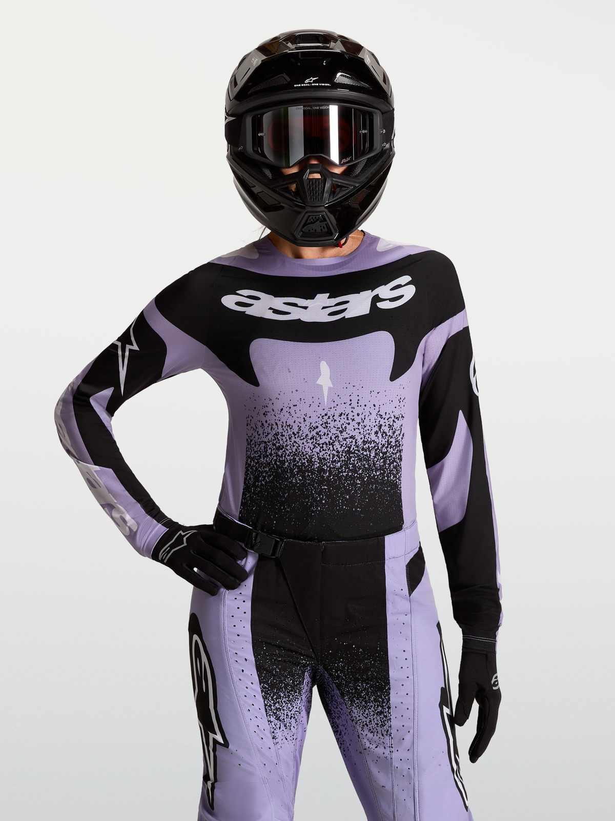 Alpinestars Stella Techstar Swan Jersey, Women's Motocross Jersey, Light Violet and Black, textile race fit on-model.