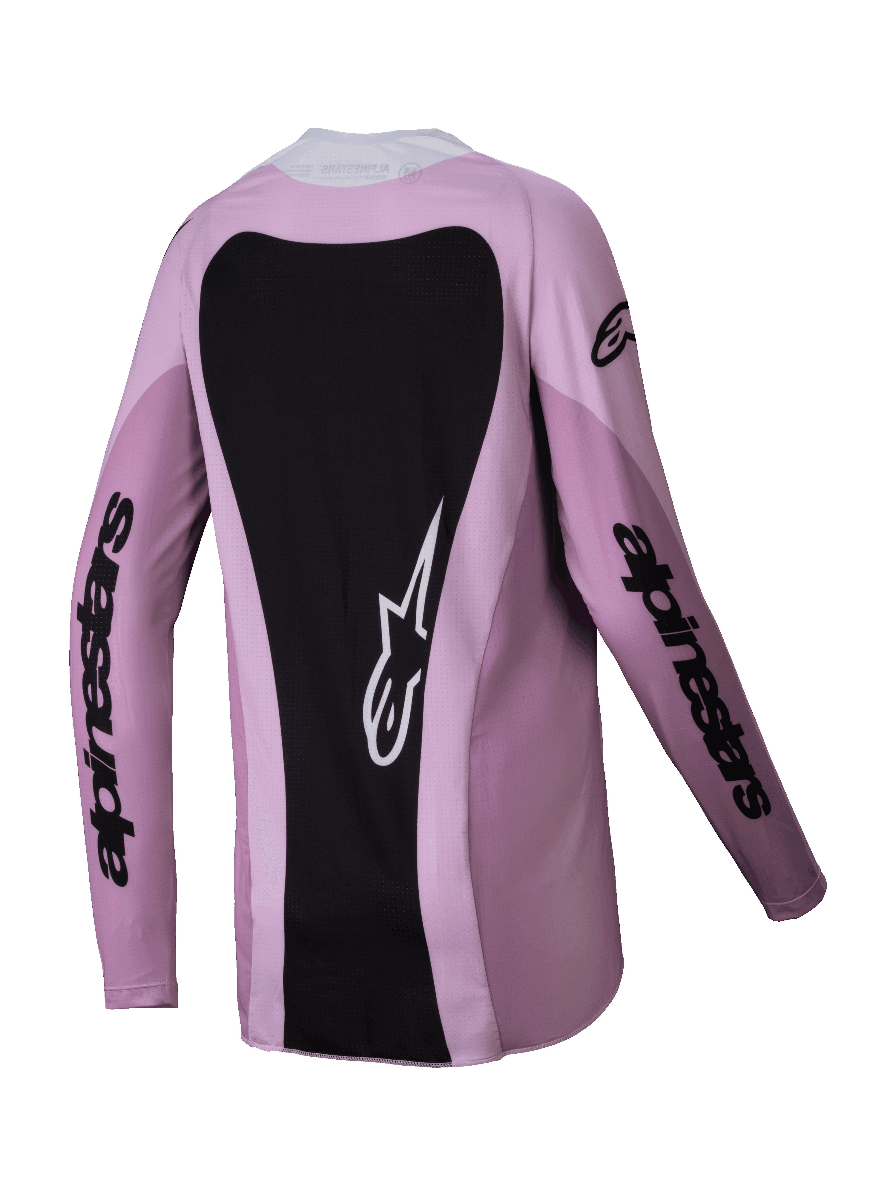 Alpinestars 2025 Woman Stella Techstar Melt Jersey, Motocross Jersey, Blush Black, back view featuring a large black panel with a white star logo, long sleeves with black wordmark branding, performance off-road gear for women