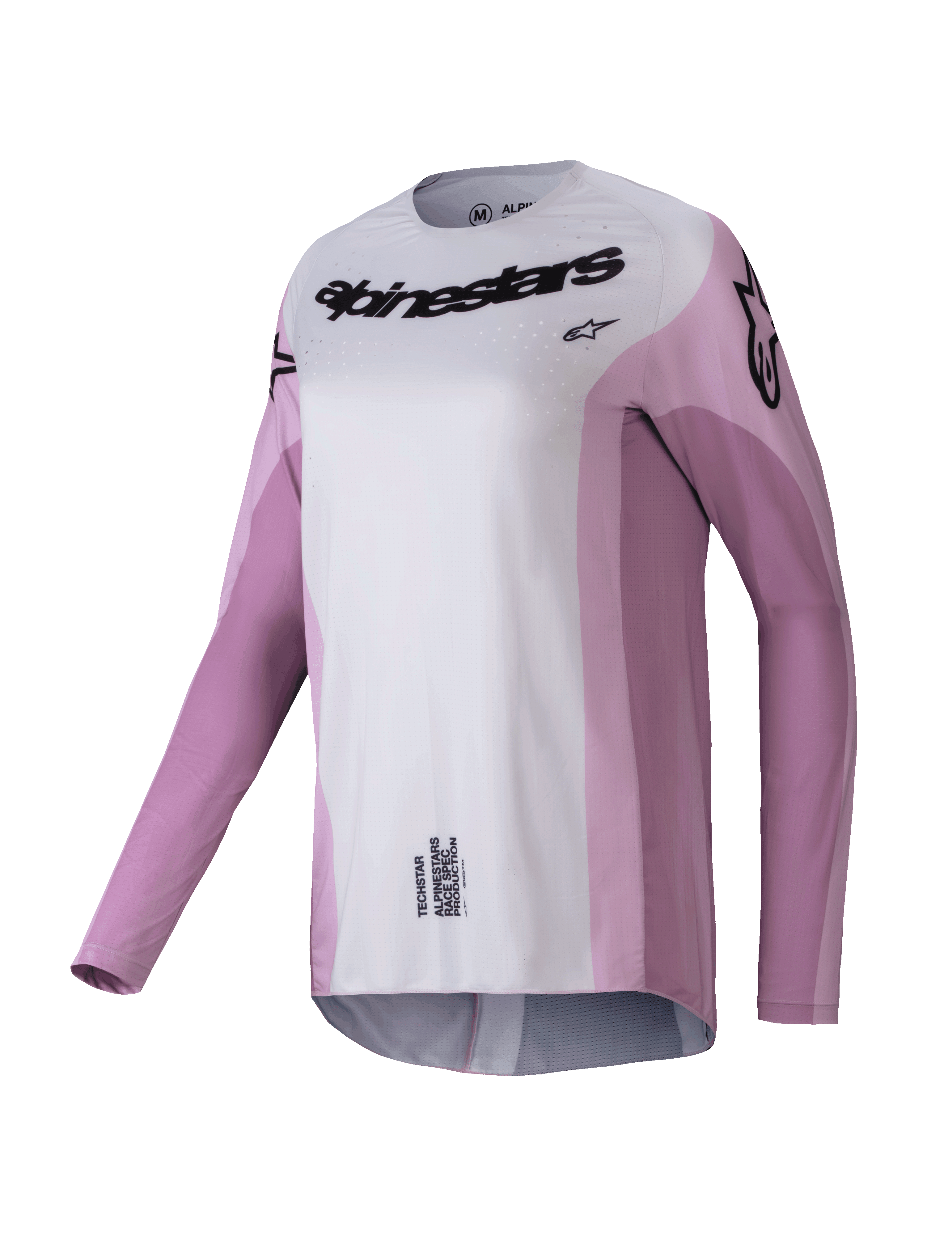 Alpinestars 2025 Stella Techstar Melt Jersey, Women's Motocross Long-Sleeve Jersey, Blush Pink and Light Gray with black branding, laser-cut perforations for ventilation, athletic racing apparel