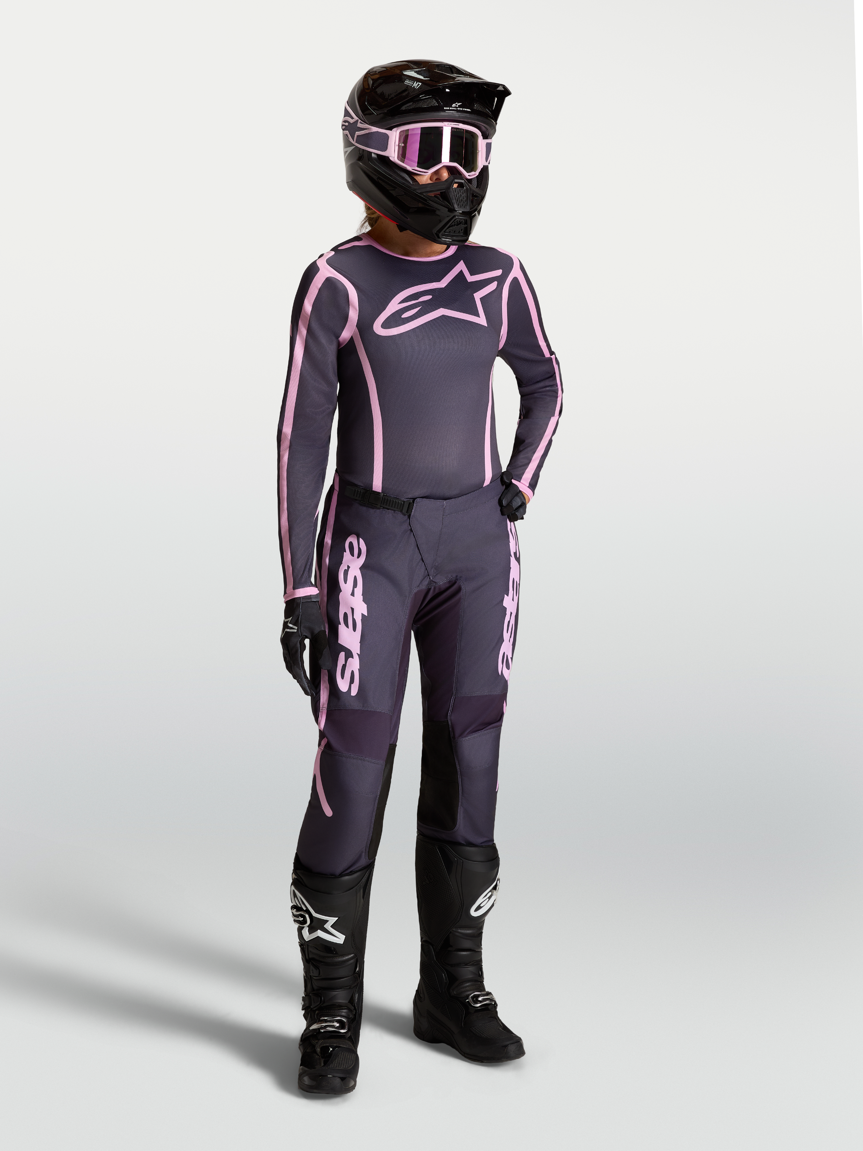 Alpinestars Stella Fluid Apex V2 Pants and Jersey, women's motocross gear in graystone and pink for off-road performance.