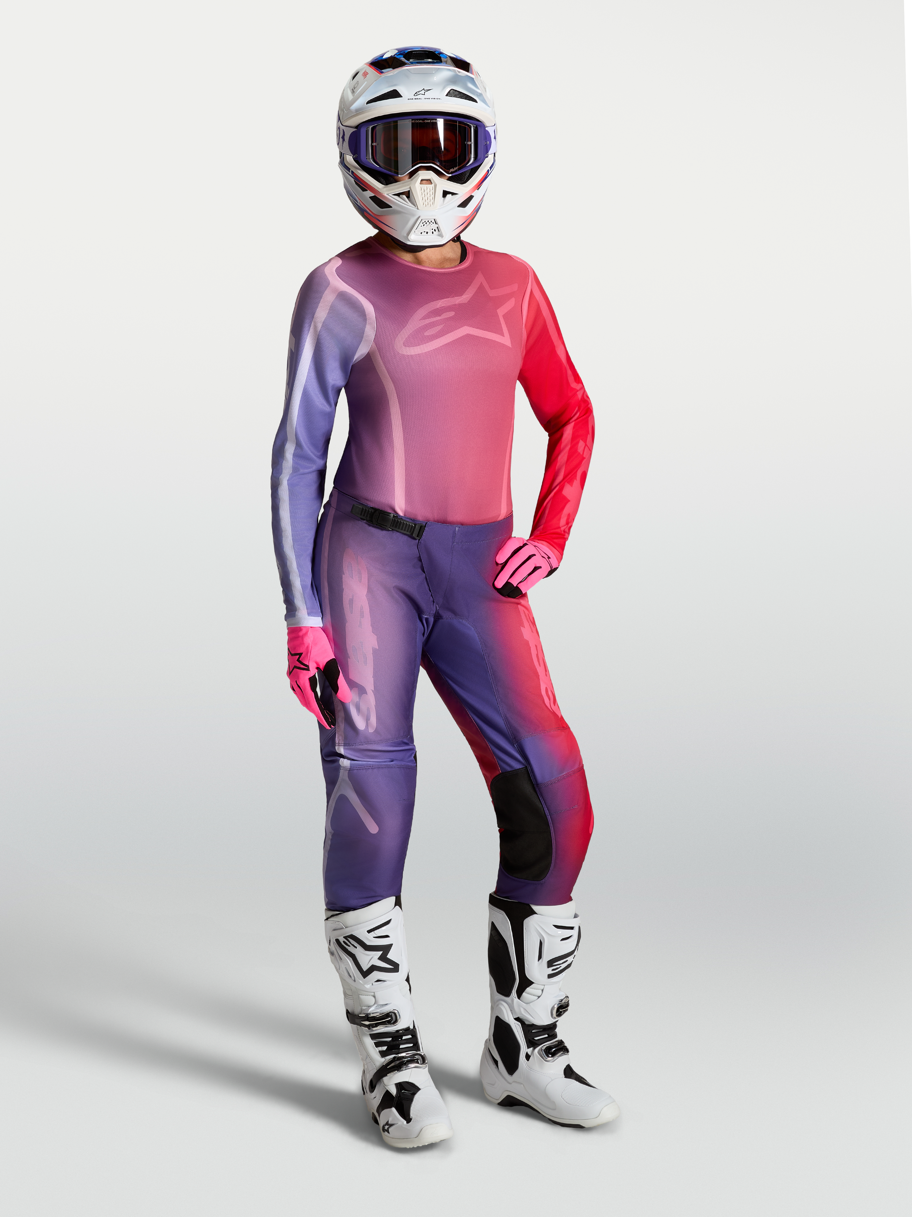 Alpinestars Stella Fluid Kepler Pants and Gear Set, women's motocross racing outfit in purple and rouge red gradient.