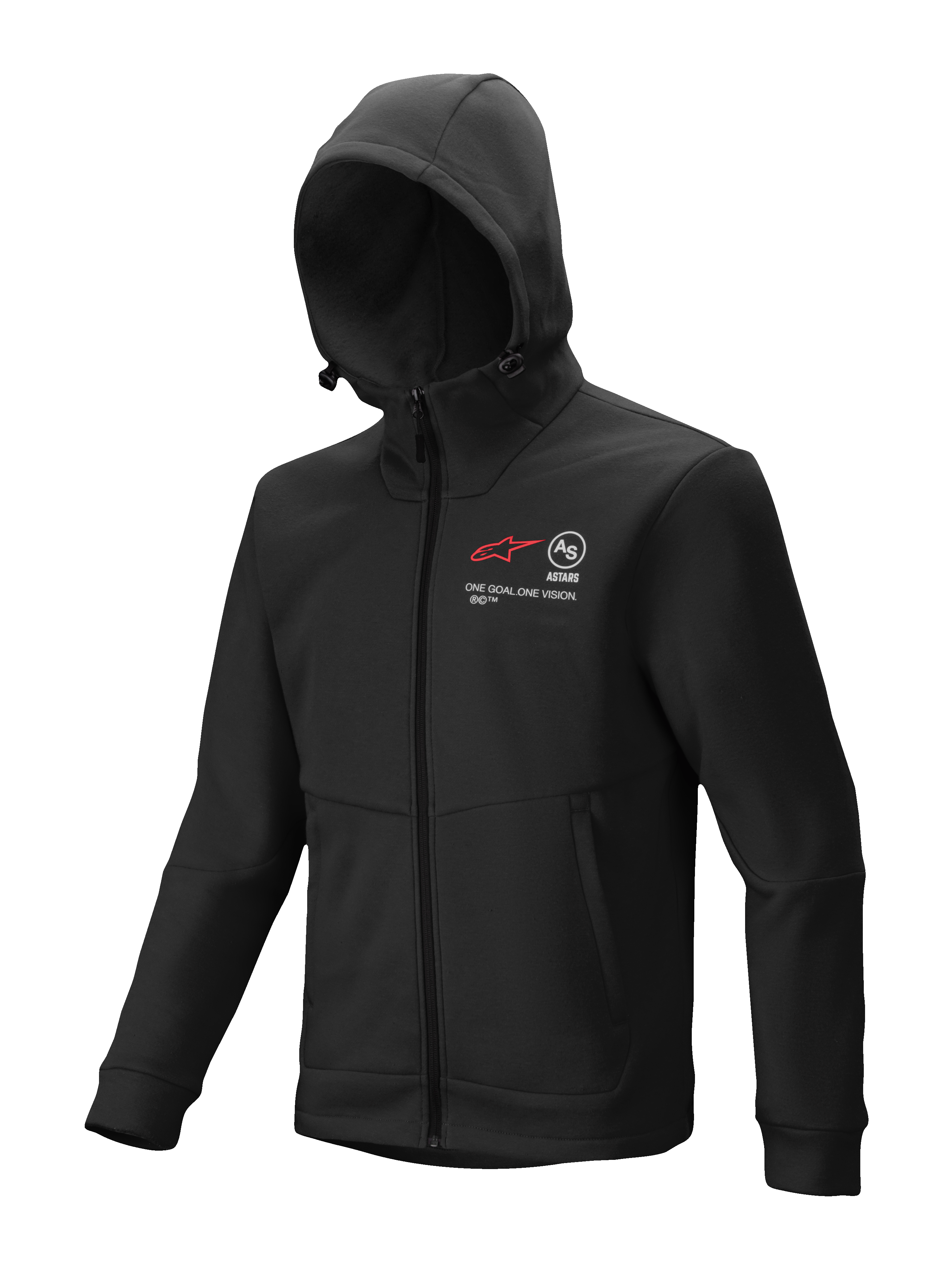 Alpinestars Racer MX Fleece, Black Full-Zip Hoodie, Motocross and Off-Road Riding Outerwear, featuring red and white chest graphics with 'ONE GOAL. ONE VISION.' text, adjustable hood with toggles, zippered hand pockets, ergonomic fit for trackside or riding use