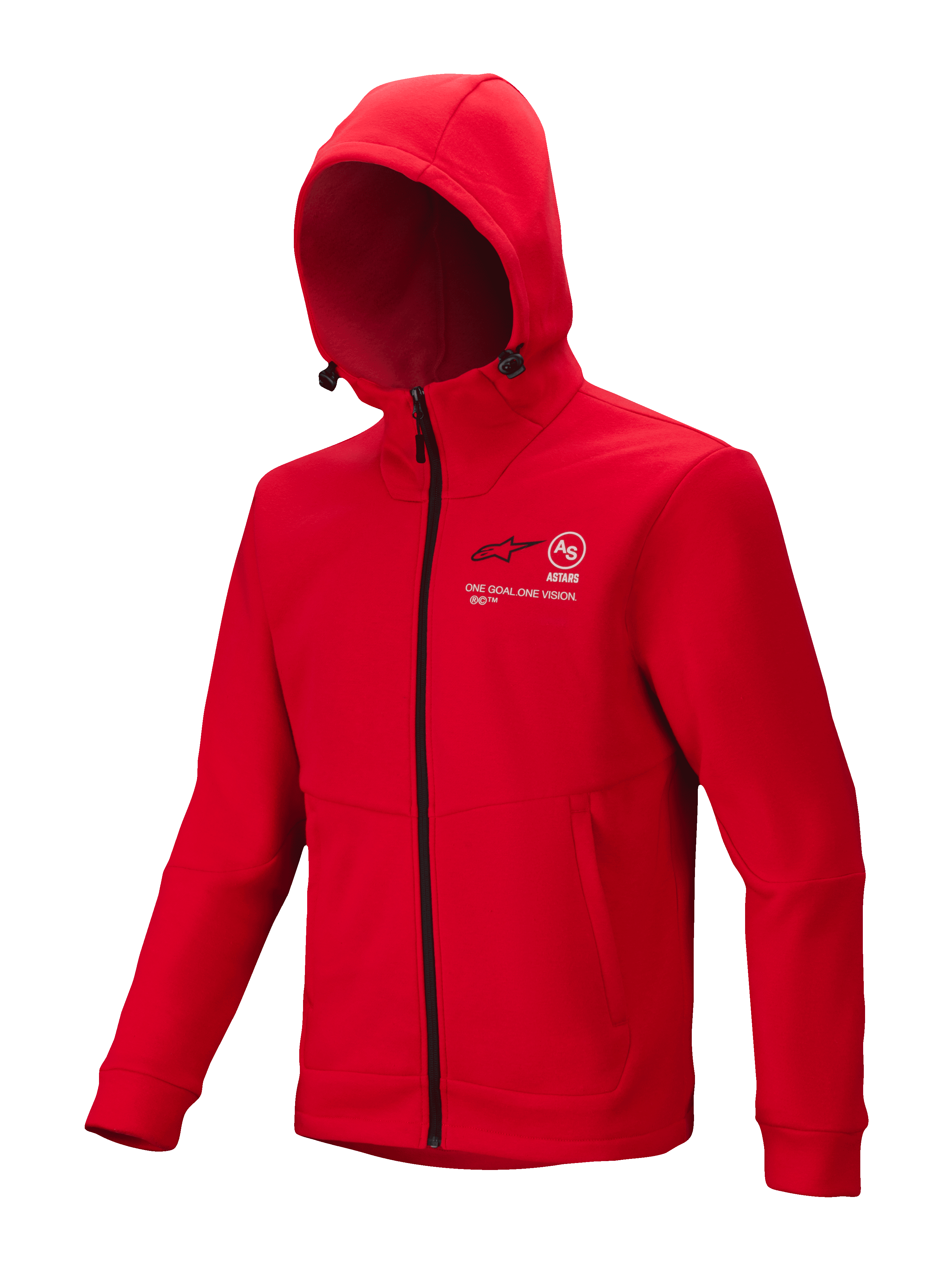 Alpinestars Racer MX Fleece, Bright Red Motocross Hoodie, full-length black zipper, adjustable hood, white Astars and One Goal One Vision branding on chest, zippered hand pockets, motorsport casual outerwear
